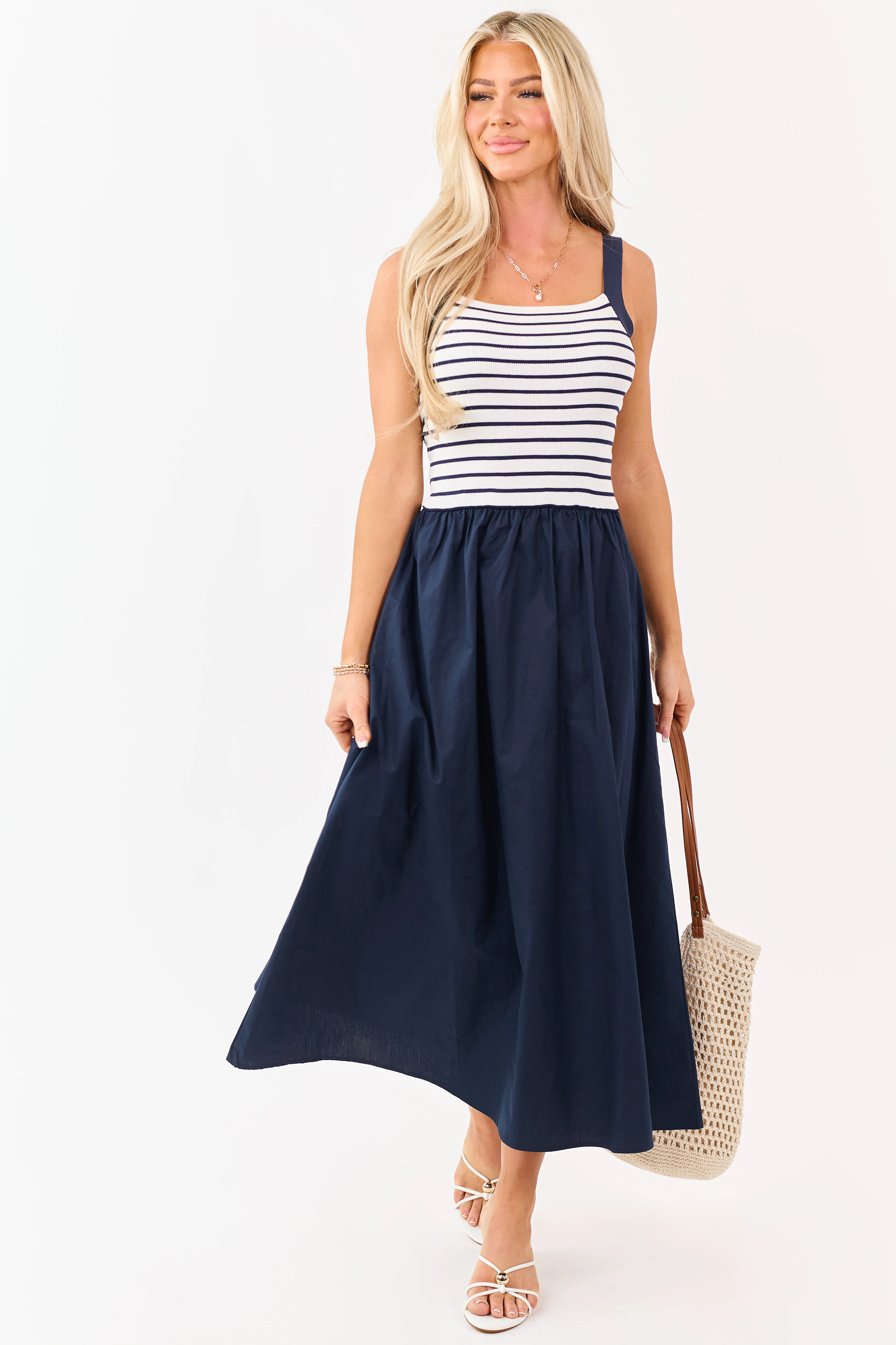 Navy Striped Knit Contrast Cotton Skirt Midi Dress - Image 3