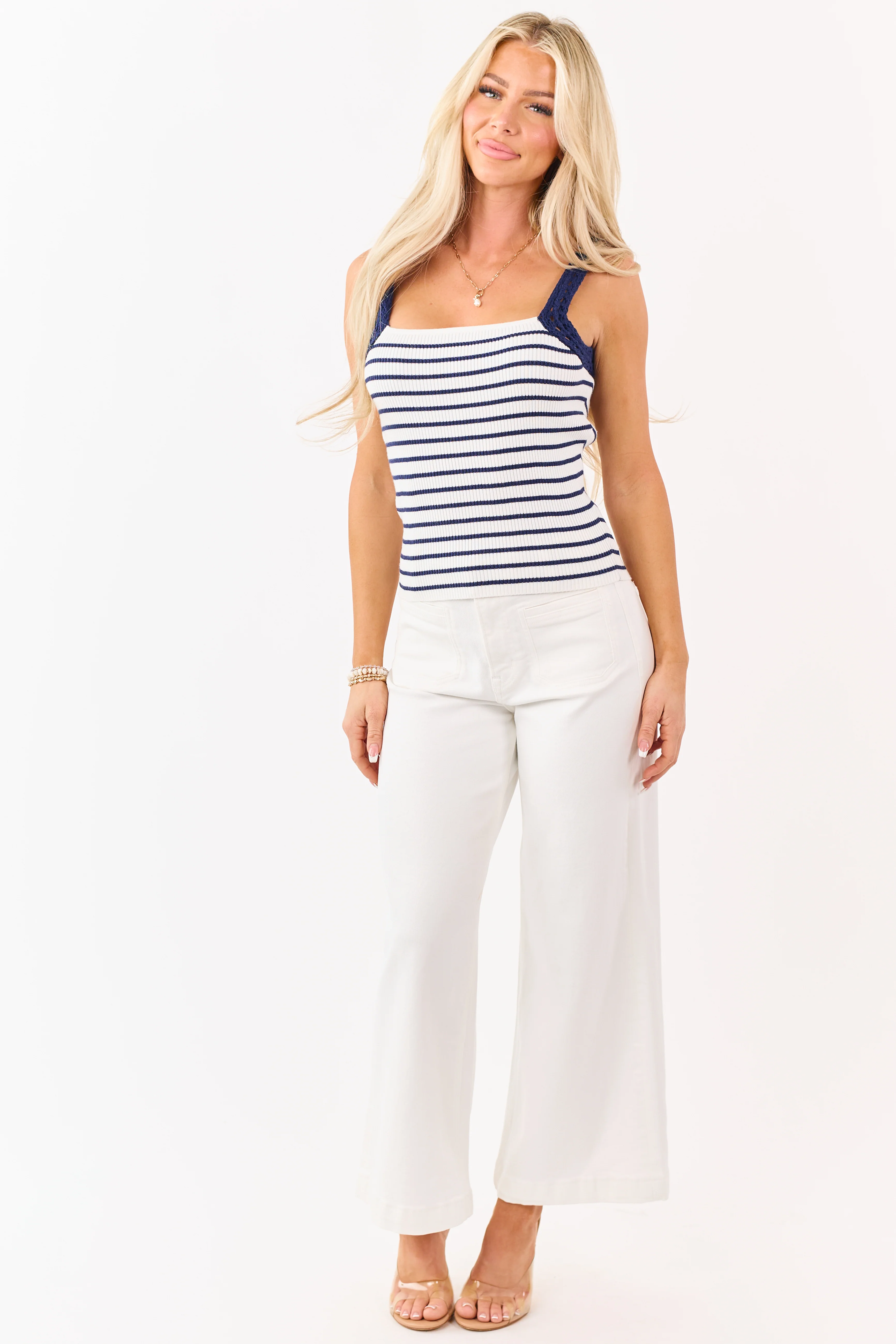 Navy Striped Rib Knit Crochet Strap Tank Top - Image 3
