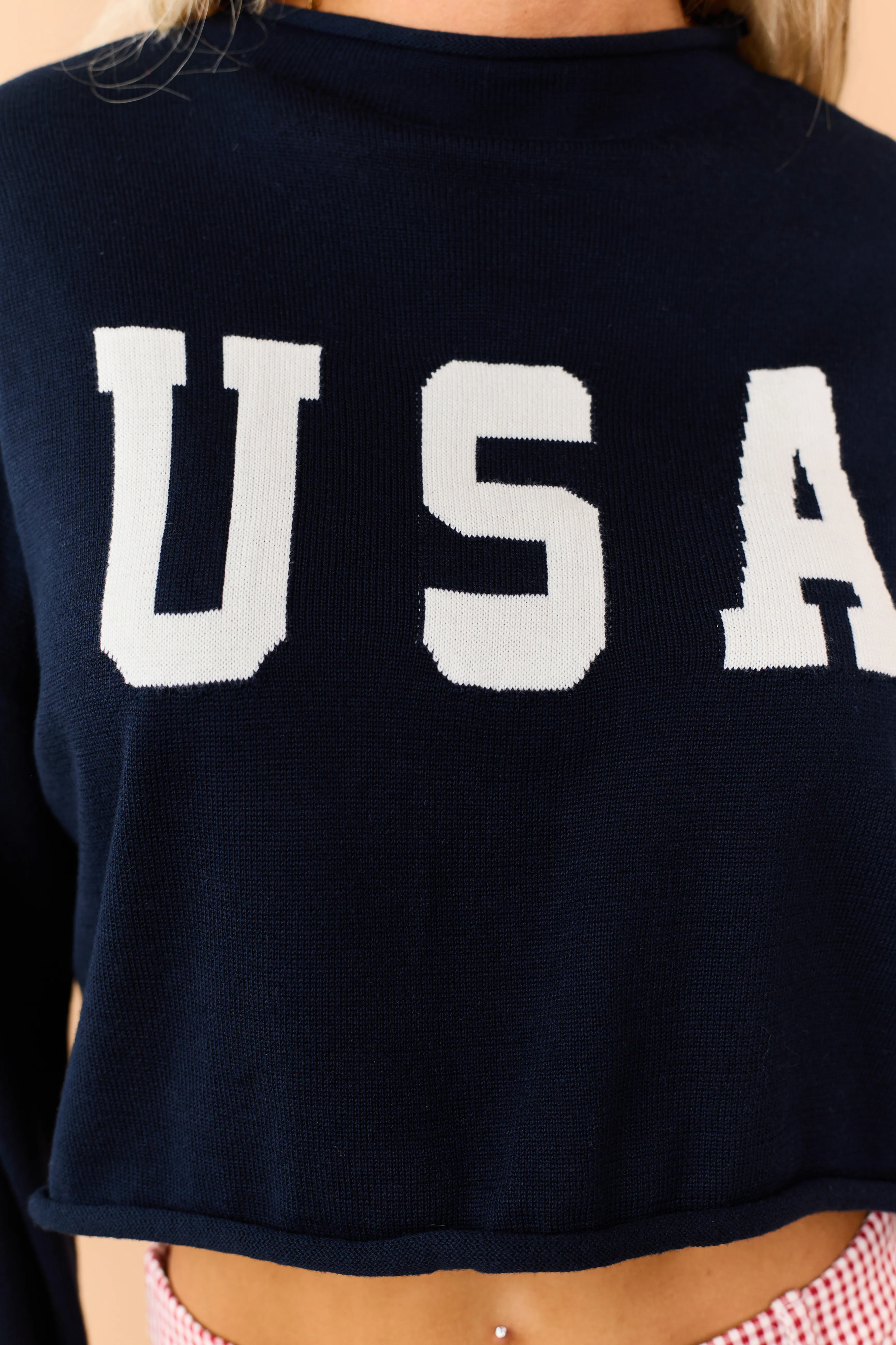 Navy 'USA' Cropped Long Sleeve Sweater - Image 8