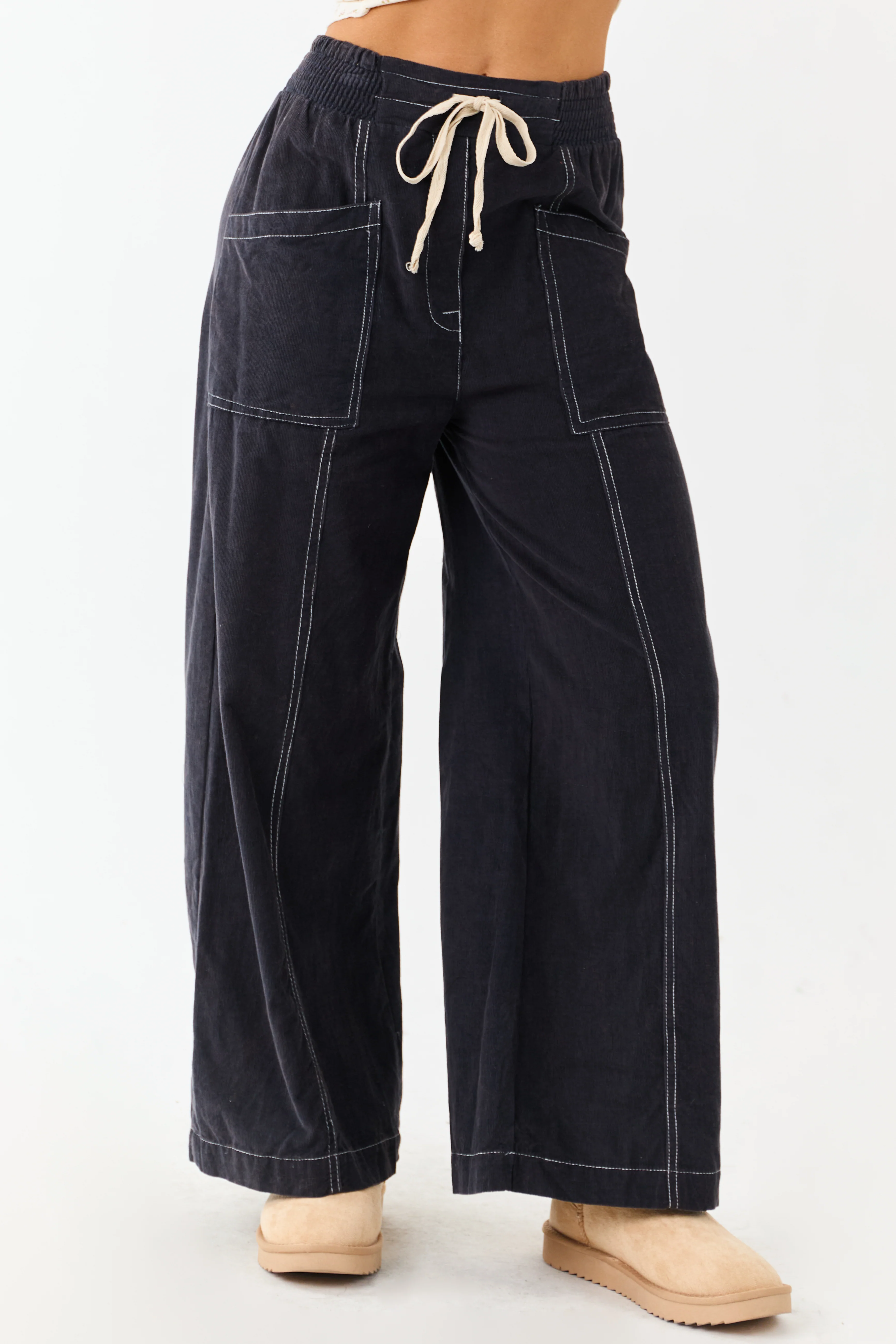 Navy Washed Corduroy Smocked Waist Wide Leg Pants - Image 2