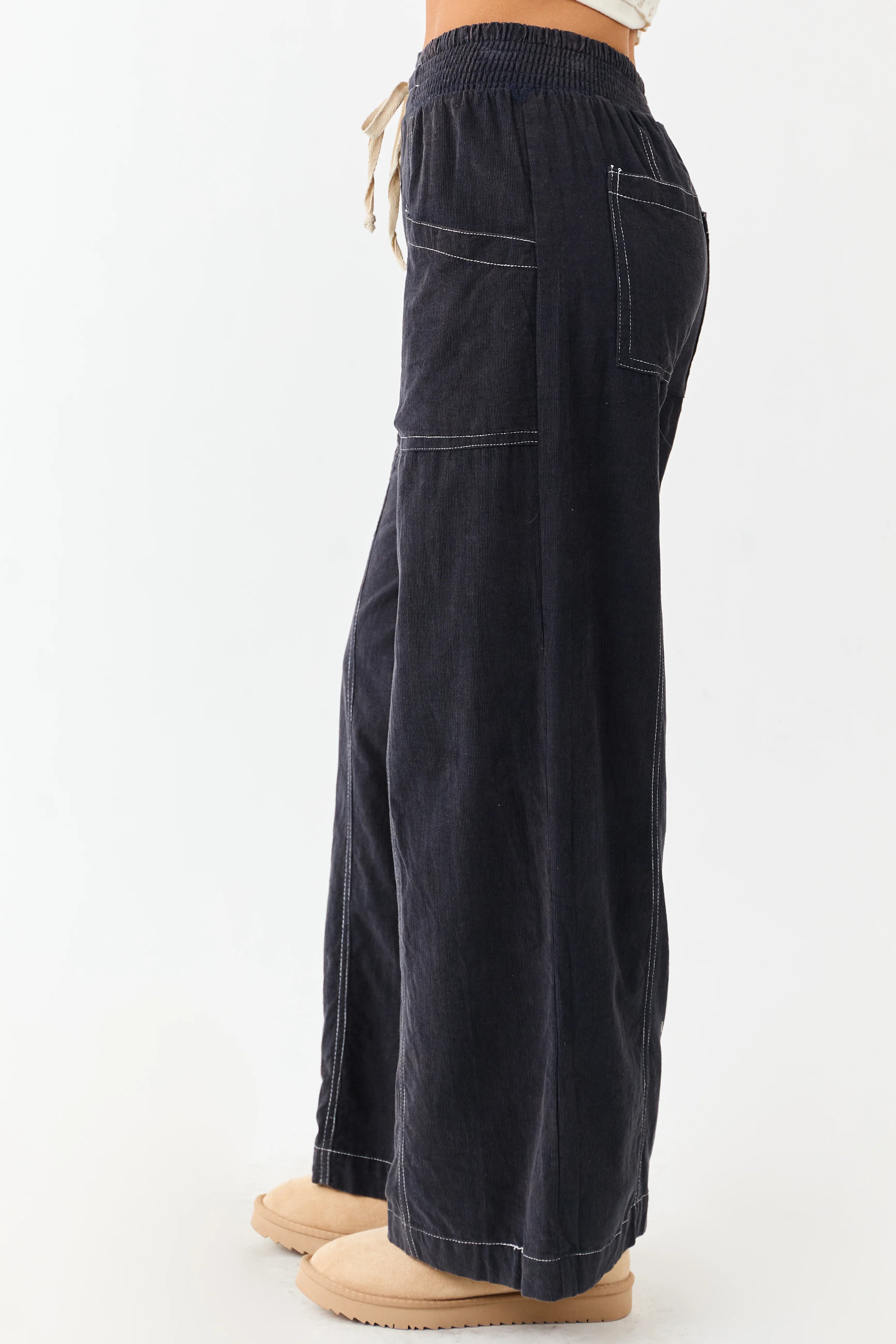 Navy Washed Corduroy Smocked Waist Wide Leg Pants - Image 3