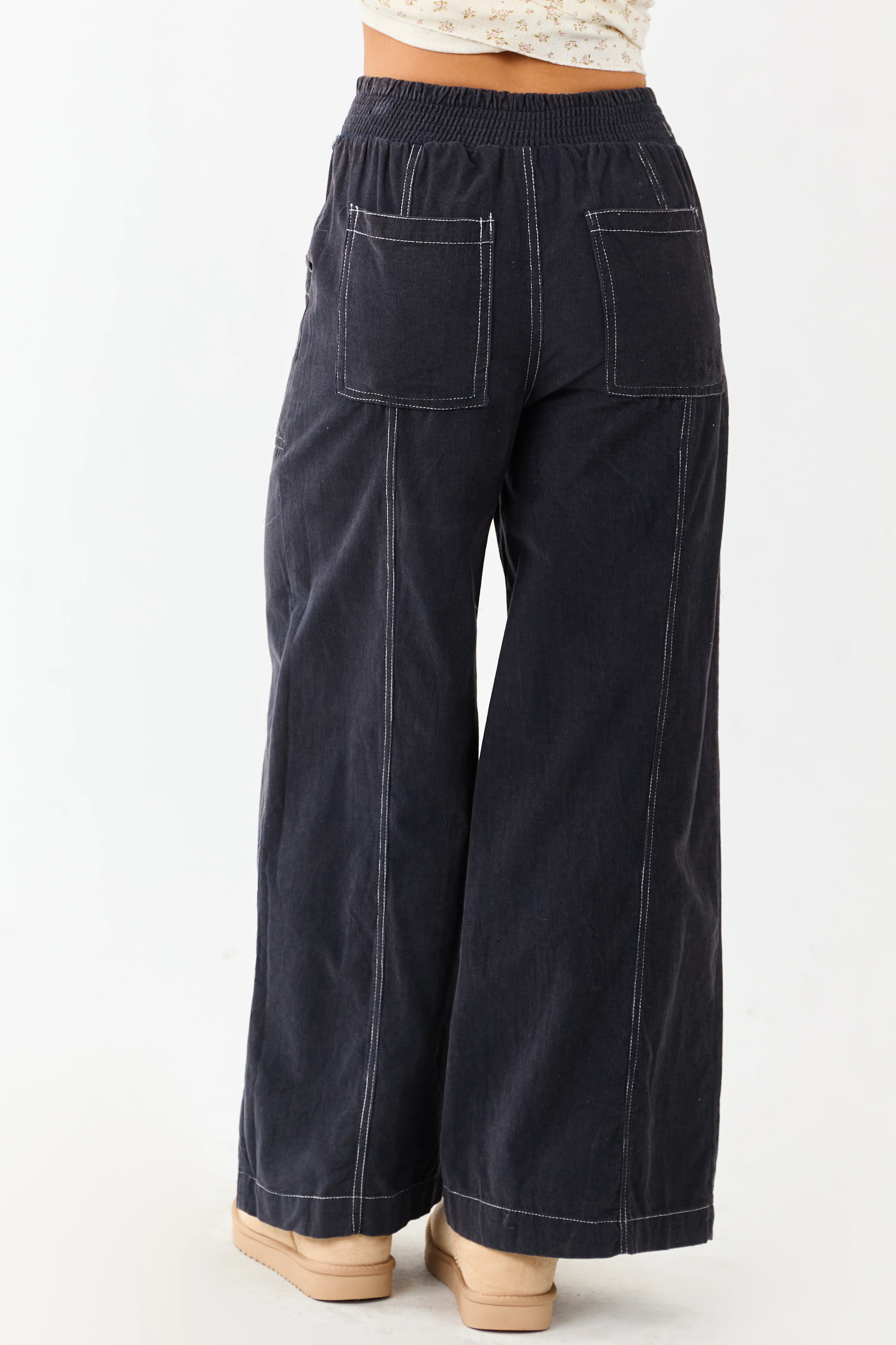 Navy Washed Corduroy Smocked Waist Wide Leg Pants - Image 4