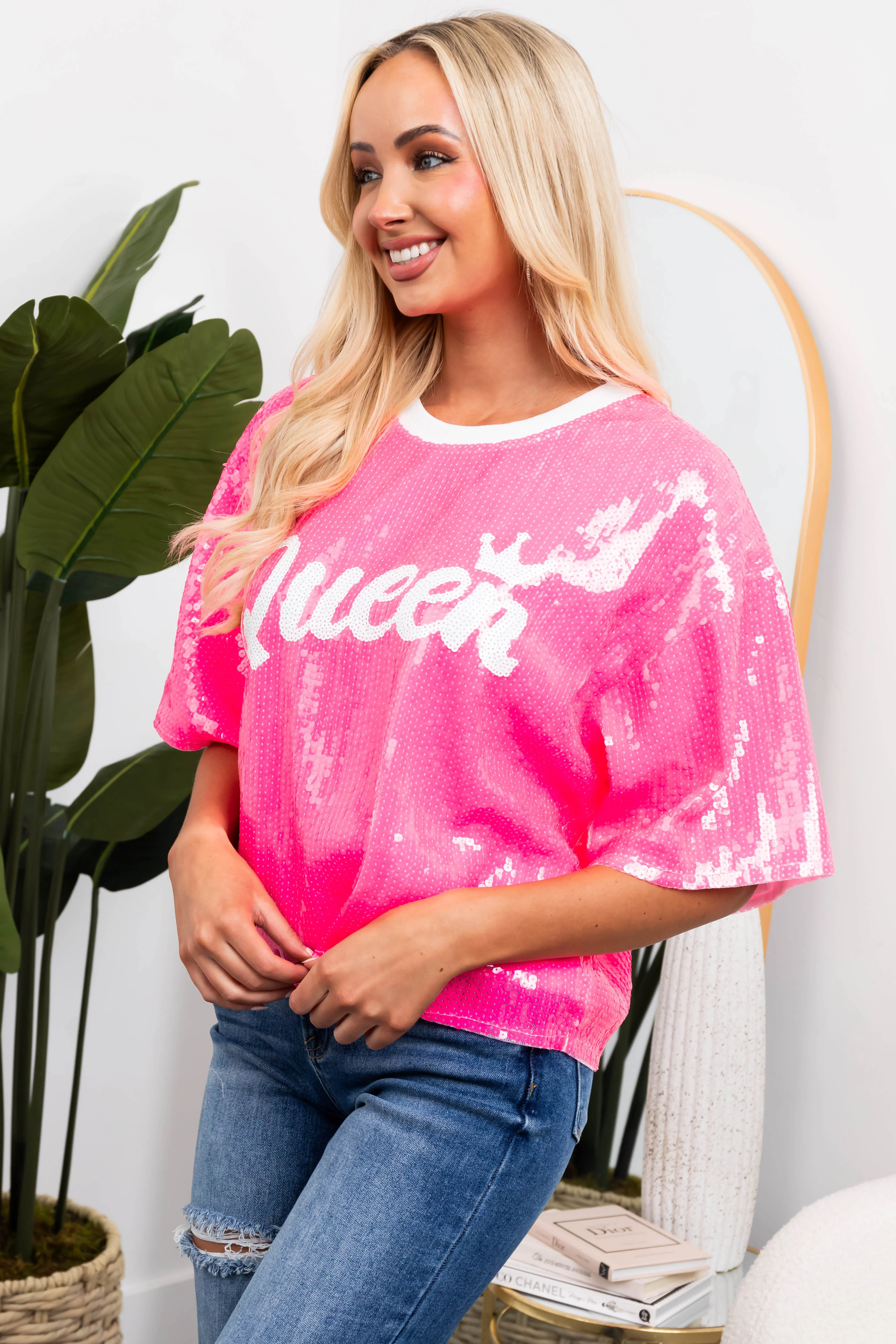 Neon Hot Pink 'Queen' Sequined Half Sleeve Top - Image 4