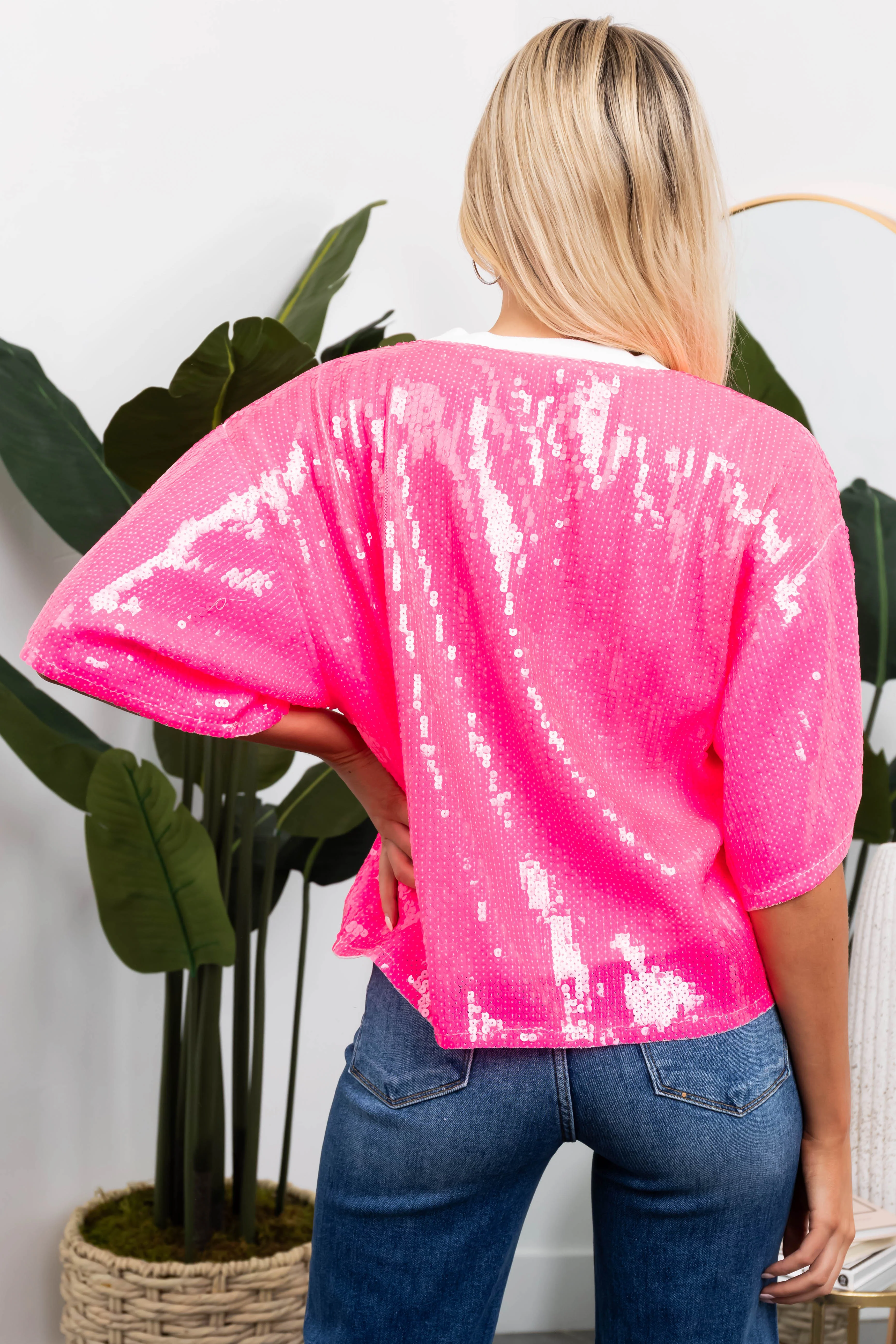 Neon Hot Pink 'Queen' Sequined Half Sleeve Top - Image 5