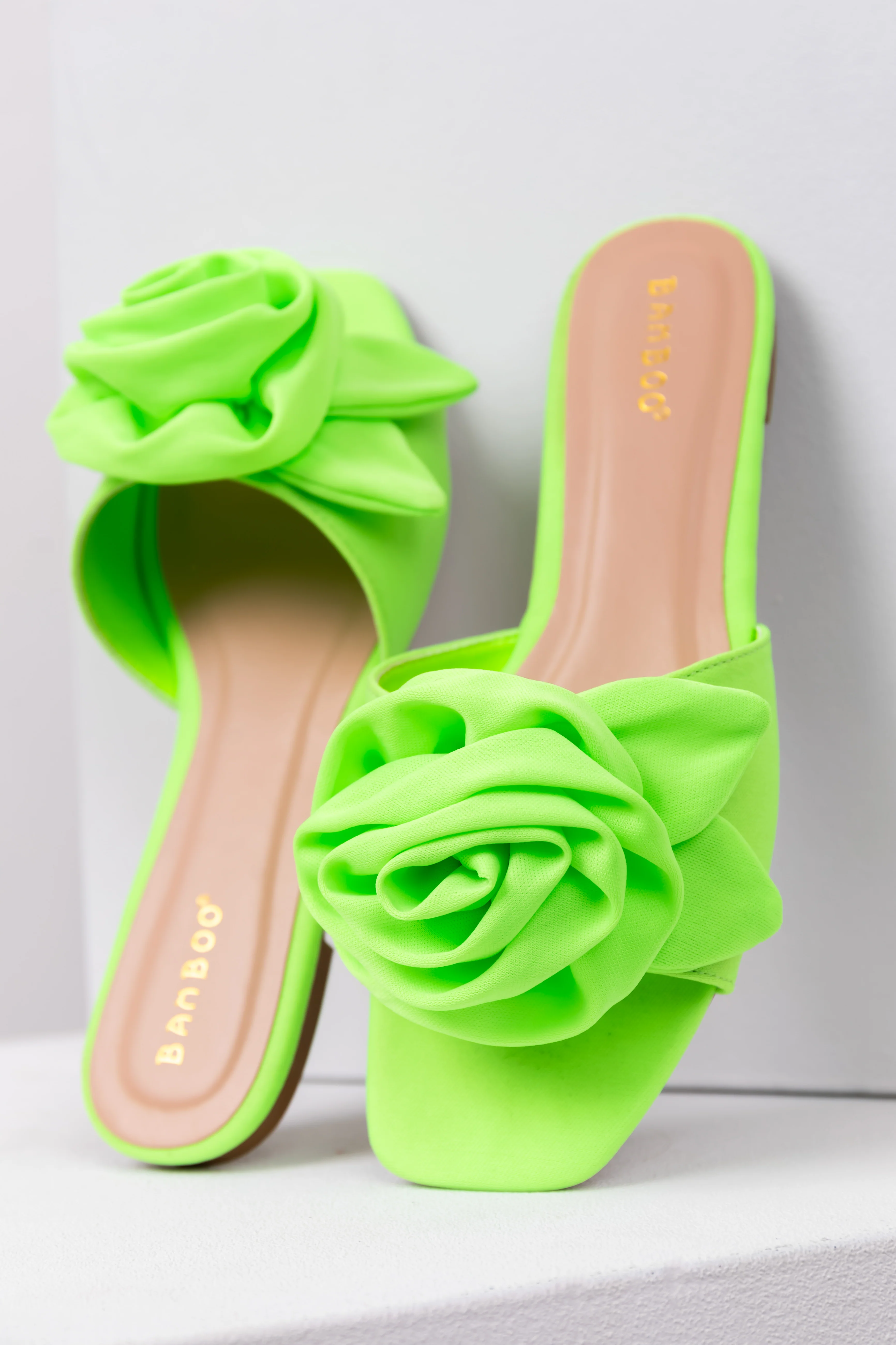 Neon Lime Rose Strap Square Toe Sandals - Image 3