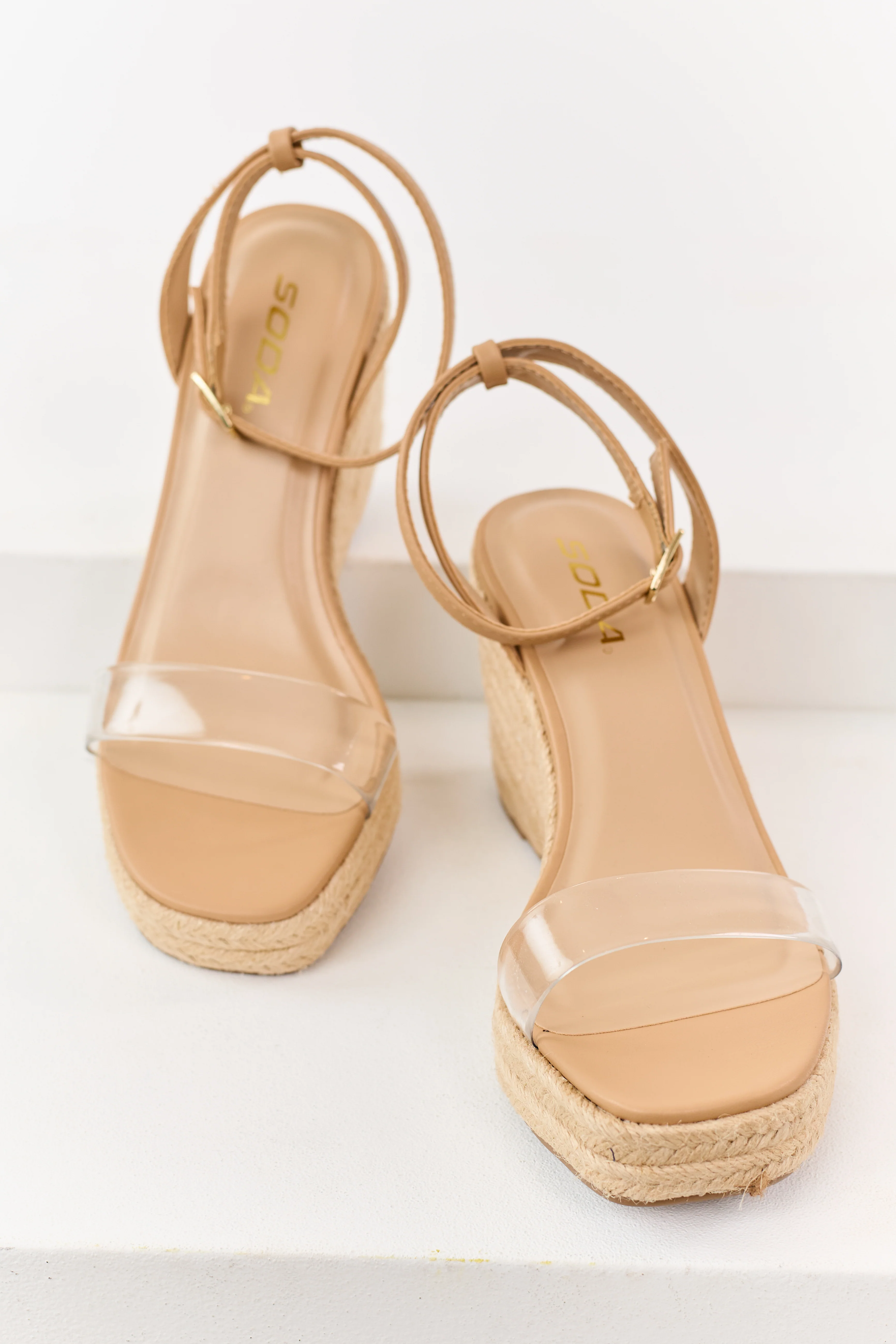 Nude Faux Leather Clear Strap Espadrille Wedges