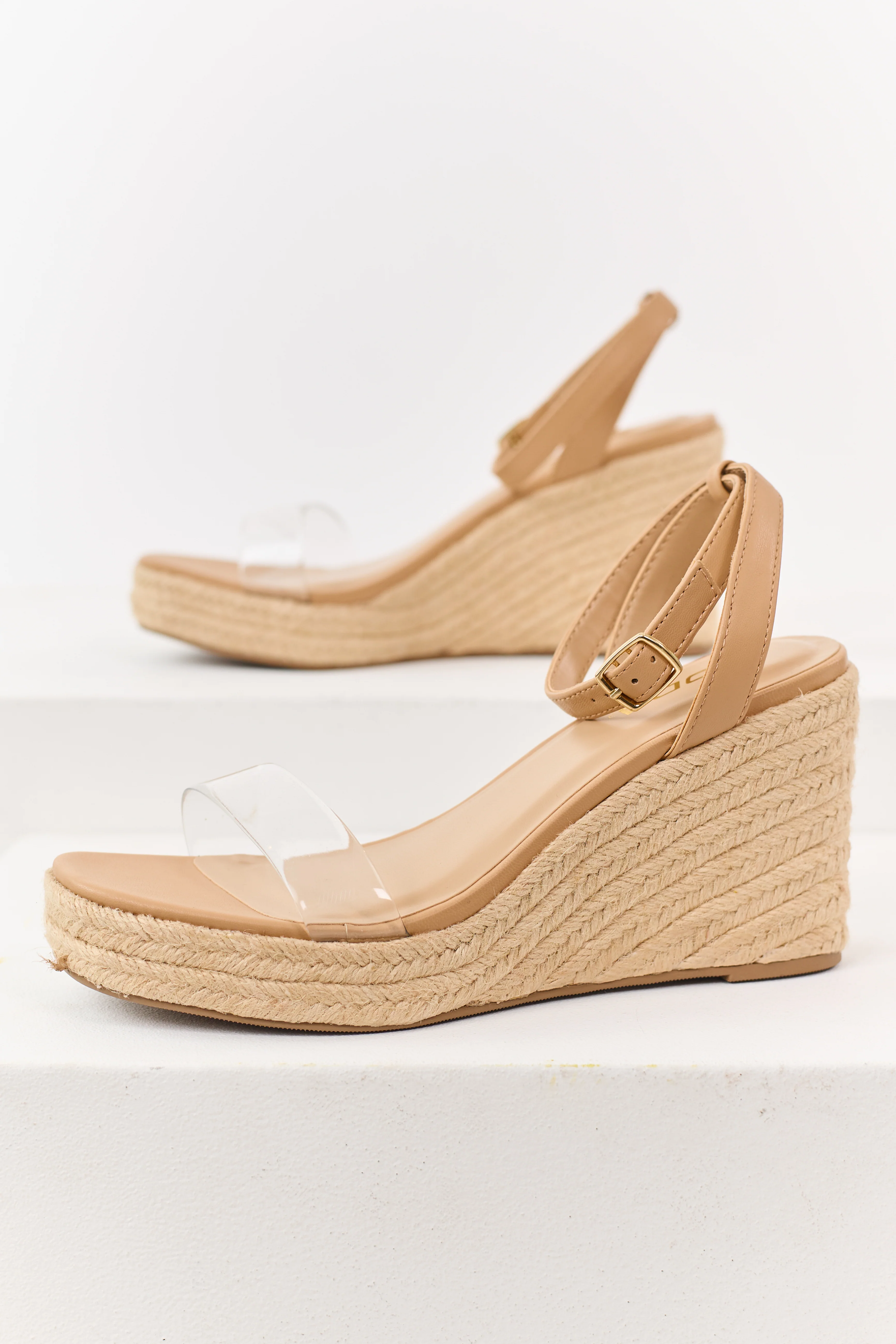 Nude Faux Leather Clear Strap Espadrille Wedges - Image 2
