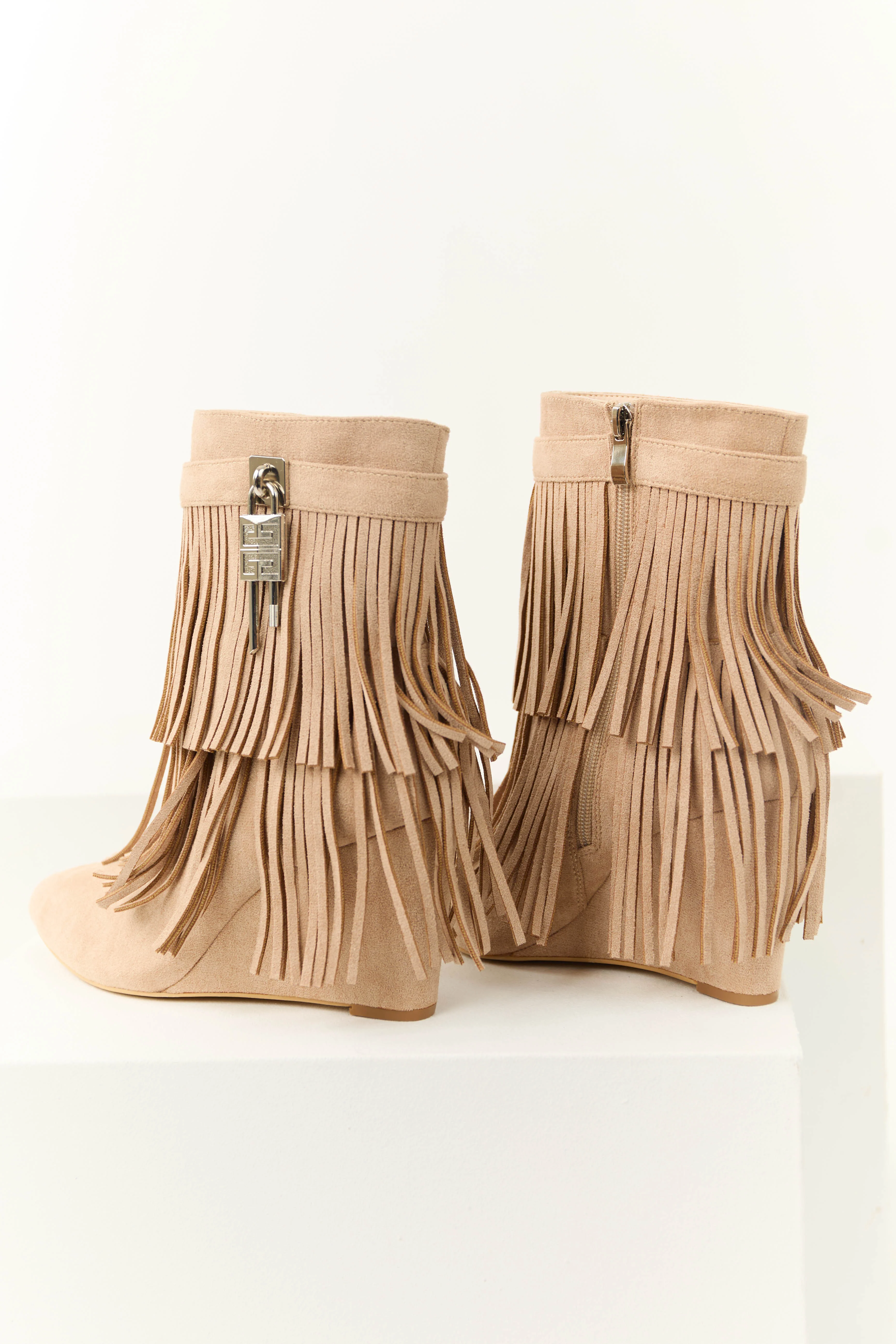 Nude Fringe Wedge Ankle Booties - Image 3