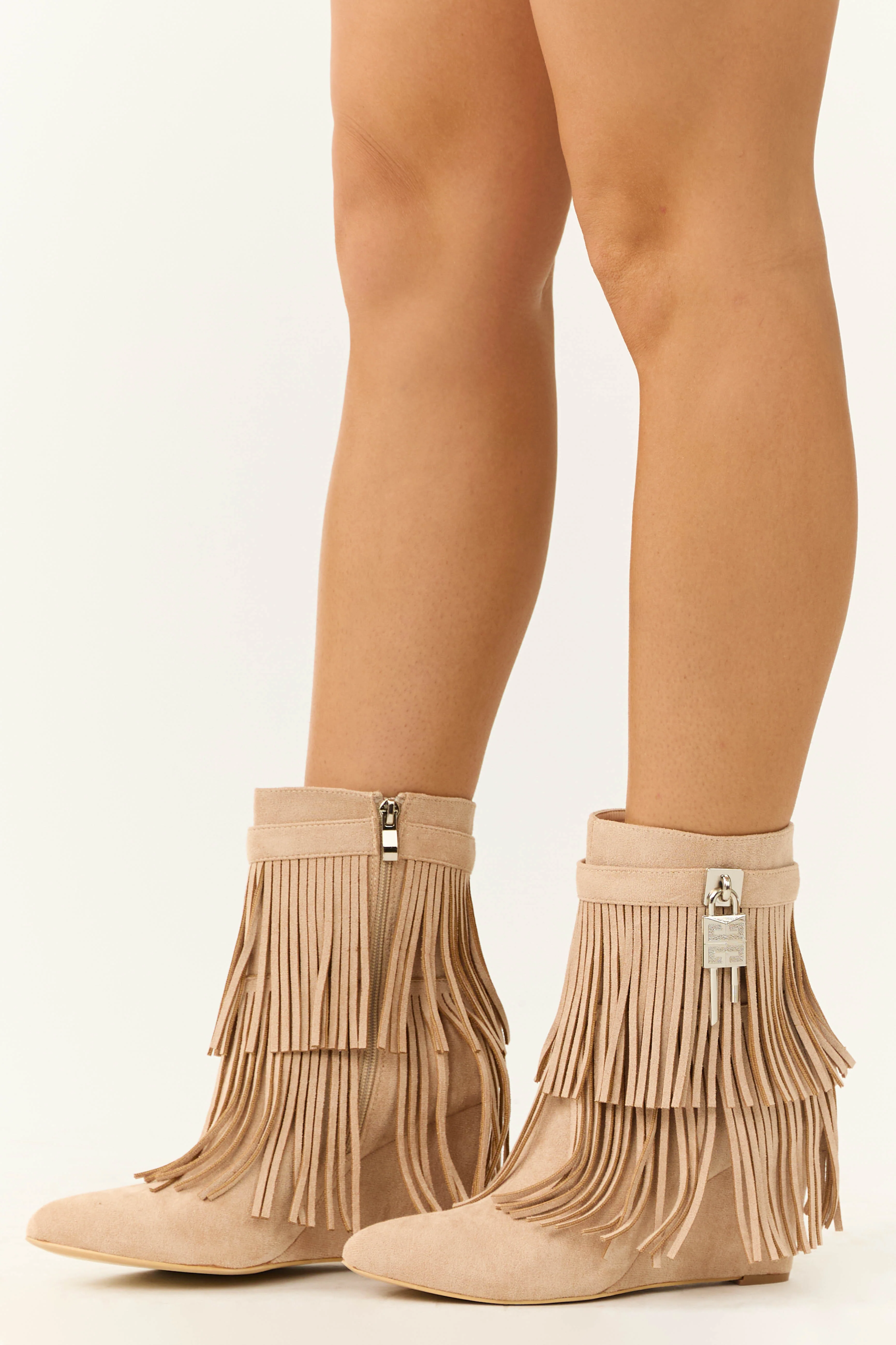 Nude Fringe Wedge Ankle Booties - Image 7