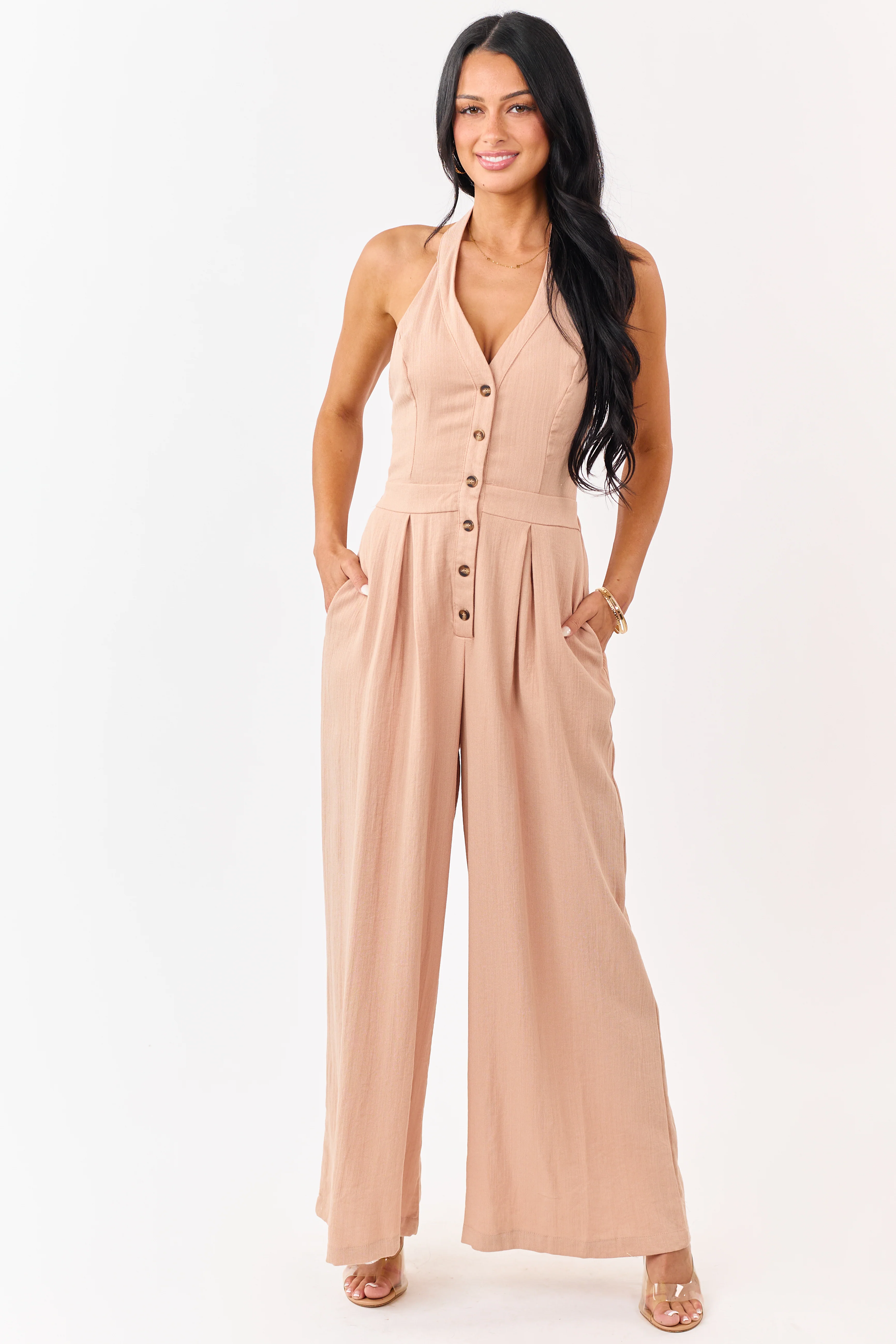 Nude Halter Neck Buttoned Wide Leg Jumpsuit