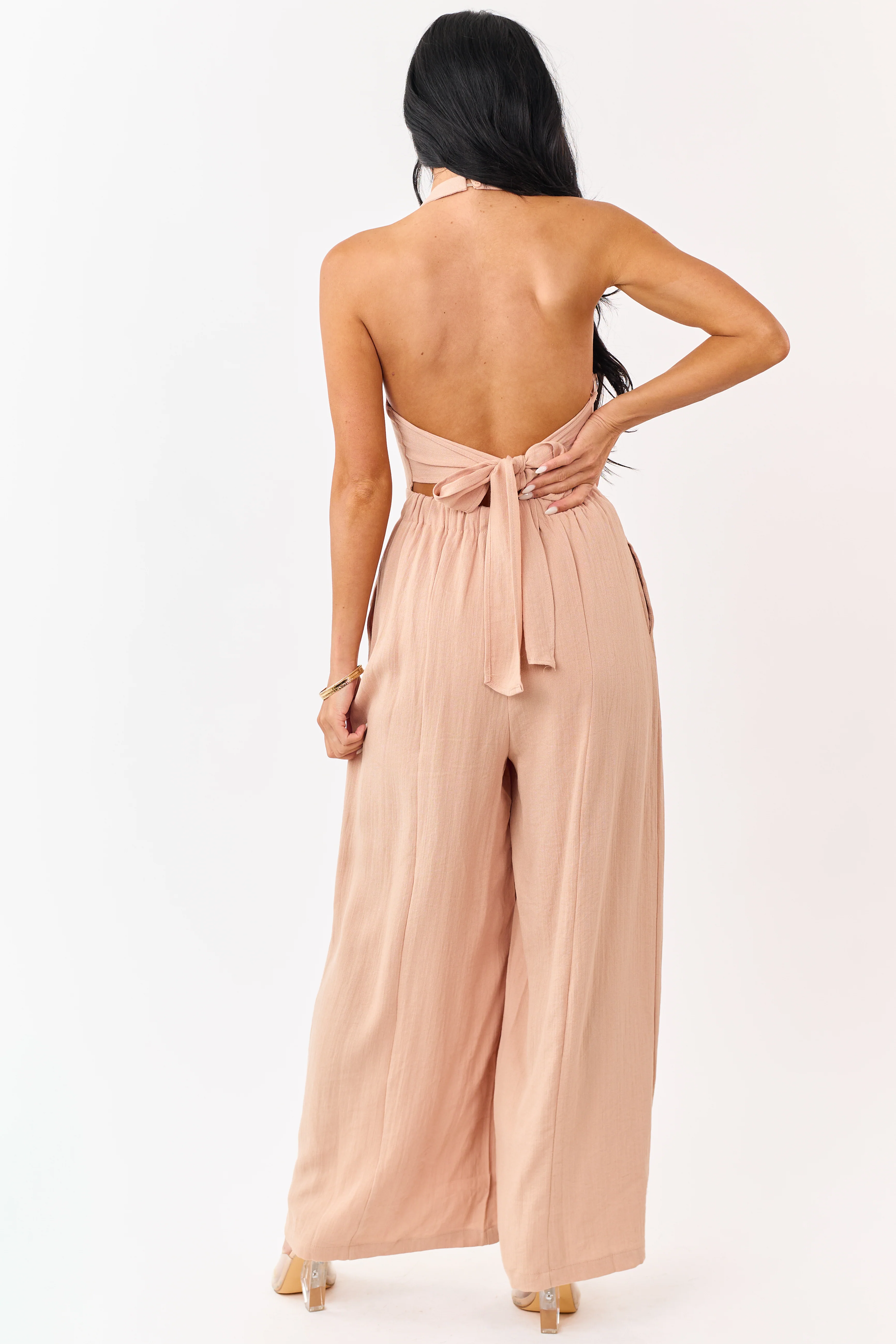 Nude Halter Neck Buttoned Wide Leg Jumpsuit - Image 4
