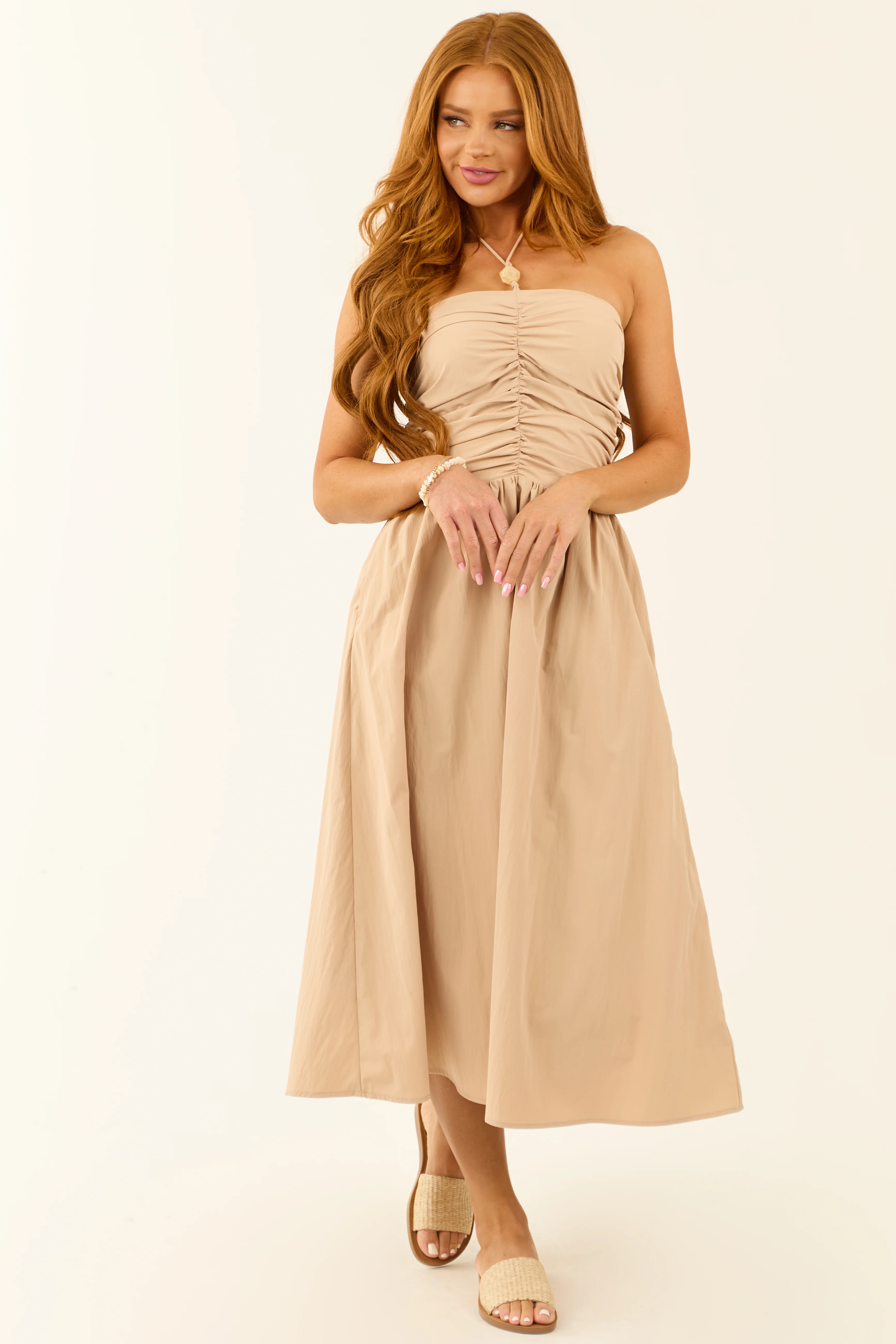 Nude Halter Neck Smocked Back Midi Dress - Image 3