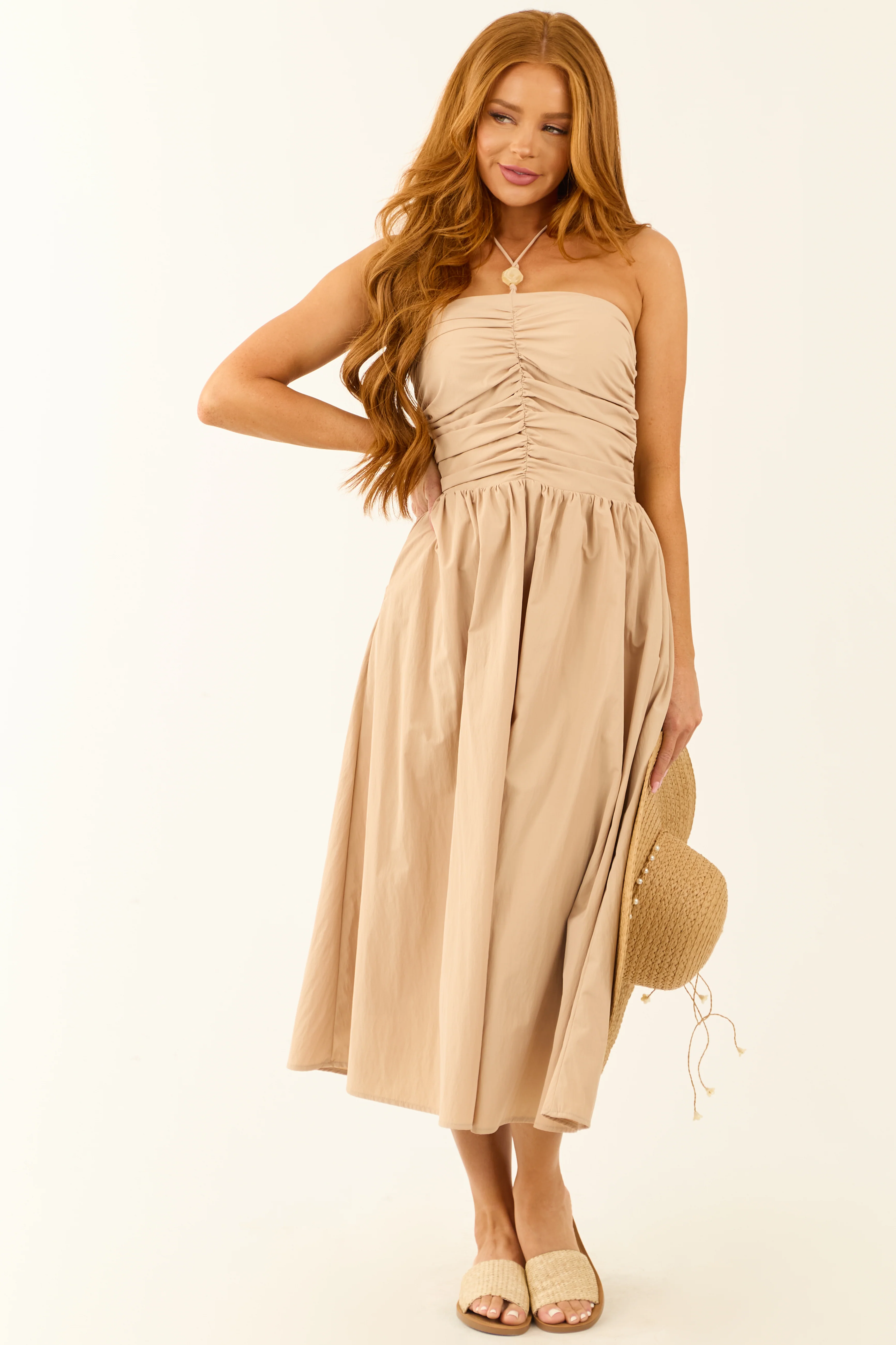 Nude Halter Neck Smocked Back Midi Dress - Image 4