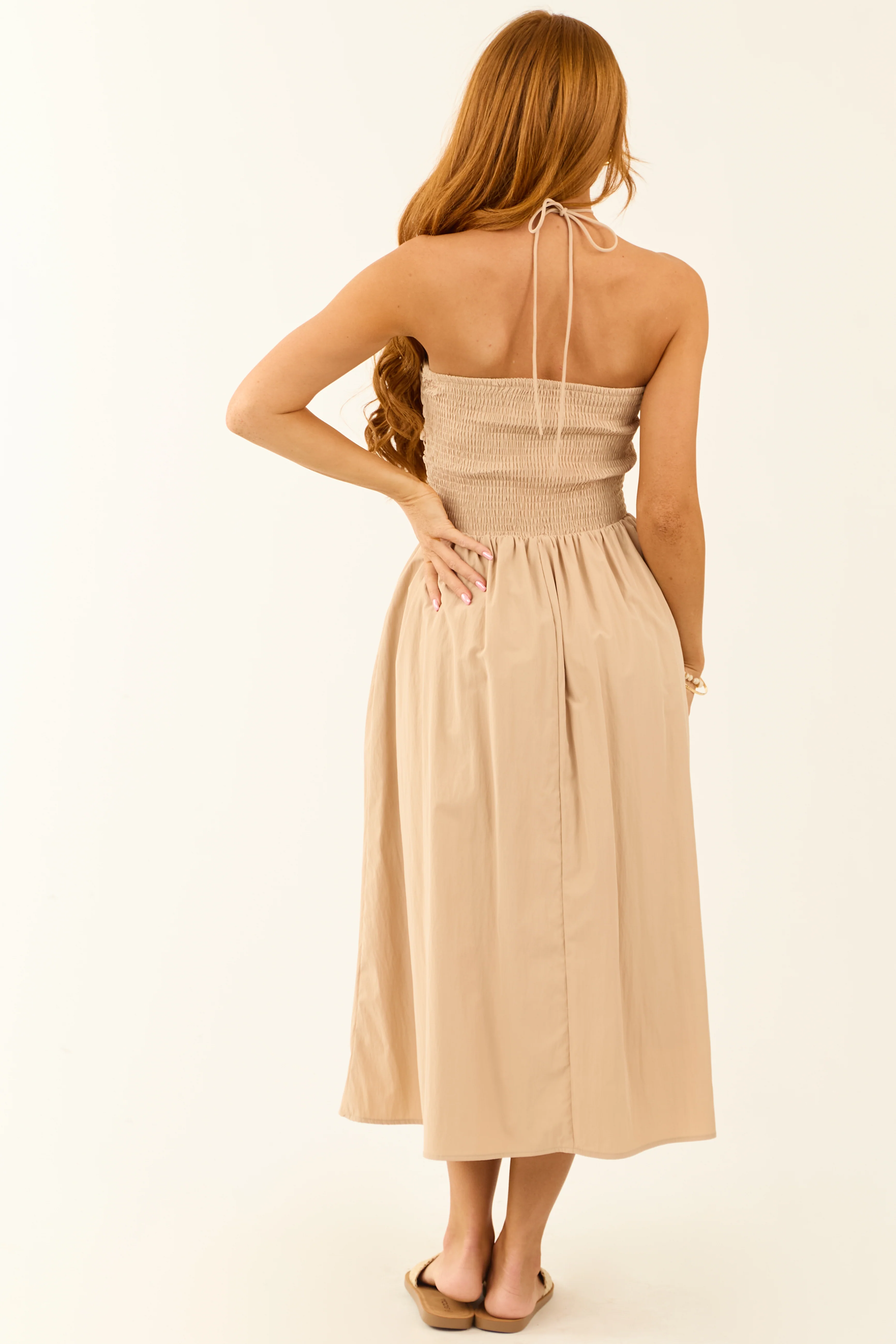 Nude Halter Neck Smocked Back Midi Dress - Image 6