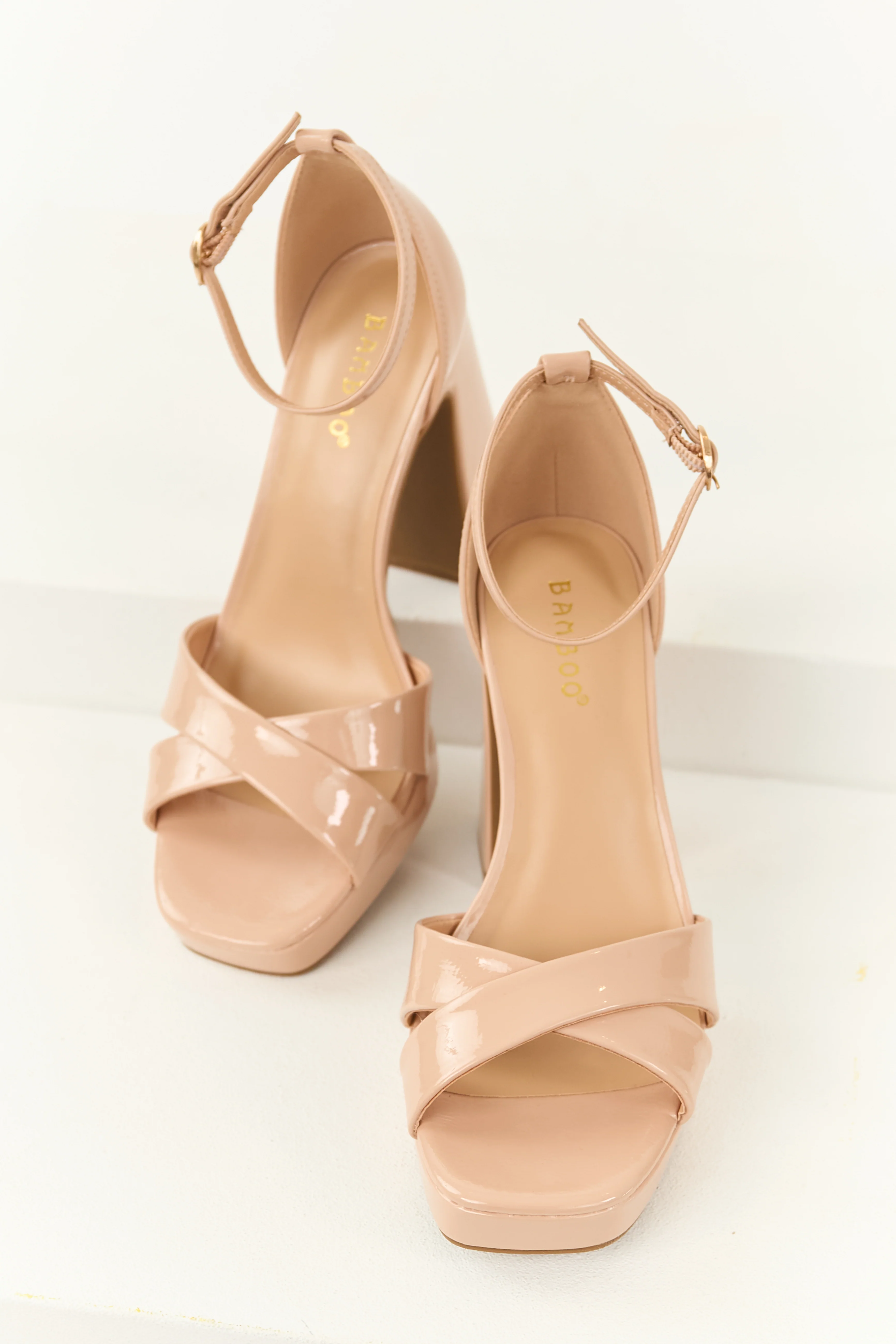 Nude Patent Faux Leather Platform Block Heels - Image 2