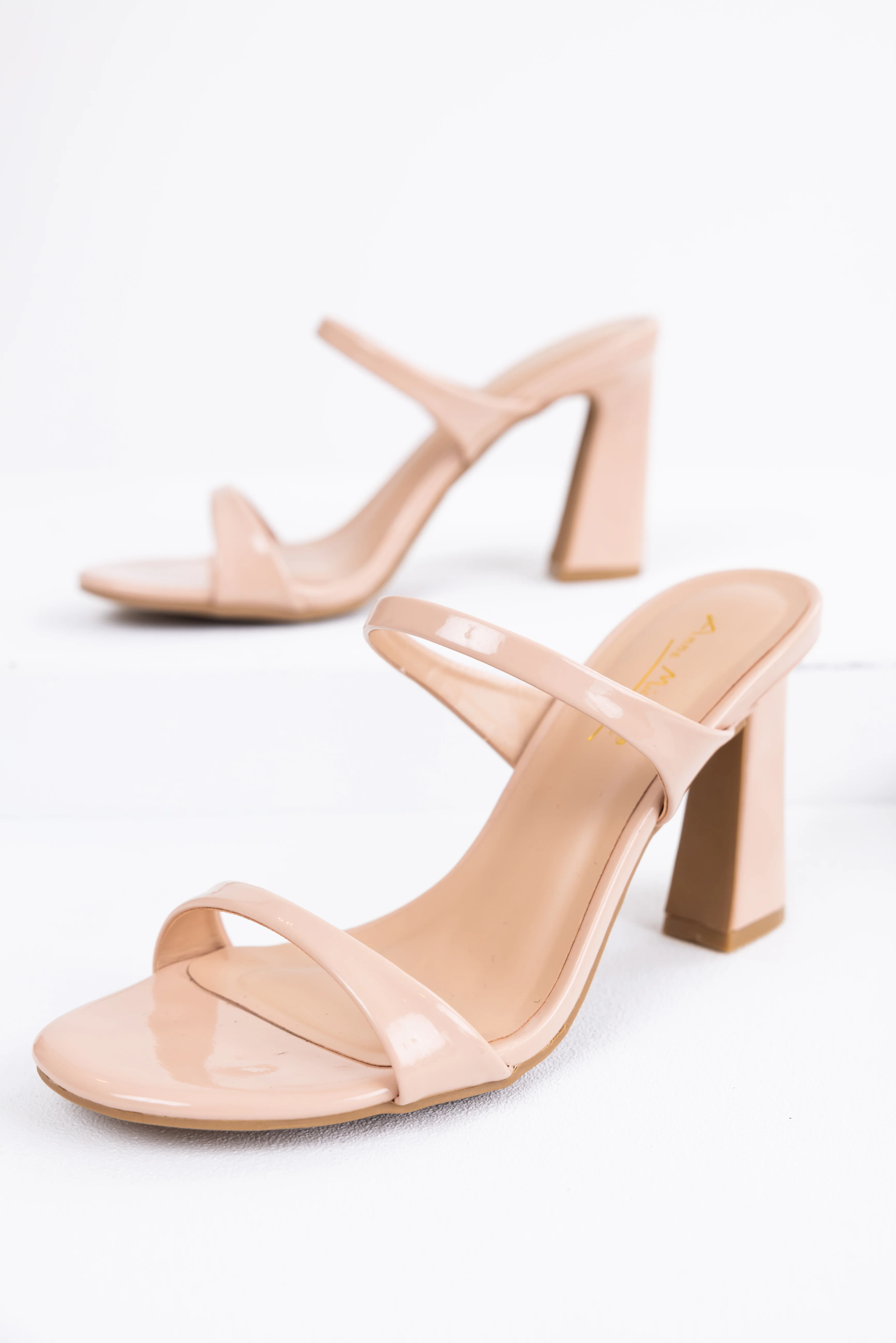 Nude Shiny Two Strap Block Heels - Image 2