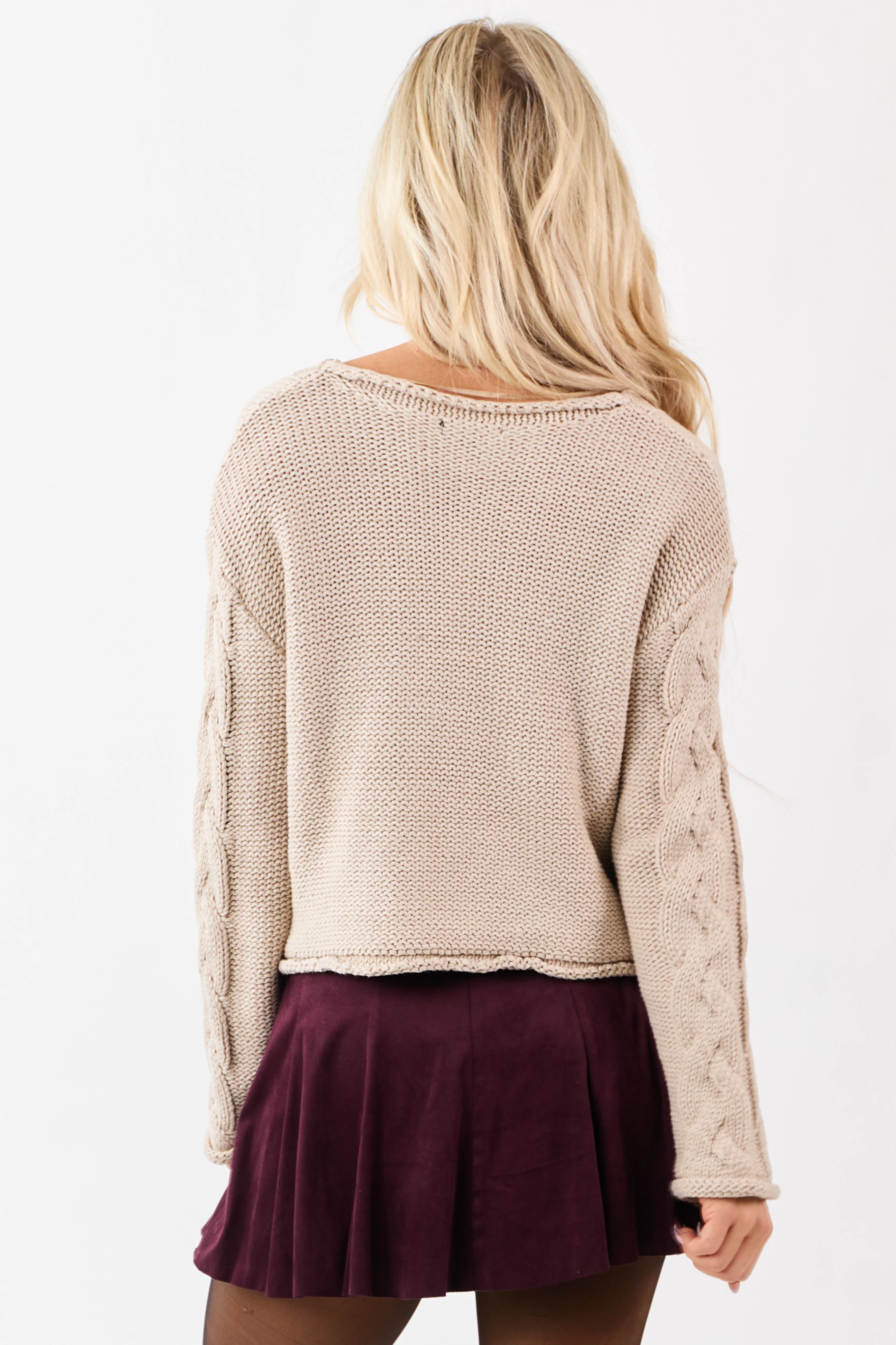 Oatmeal Cable Knit V-Neck Long Sleeve Sweater - Image 5
