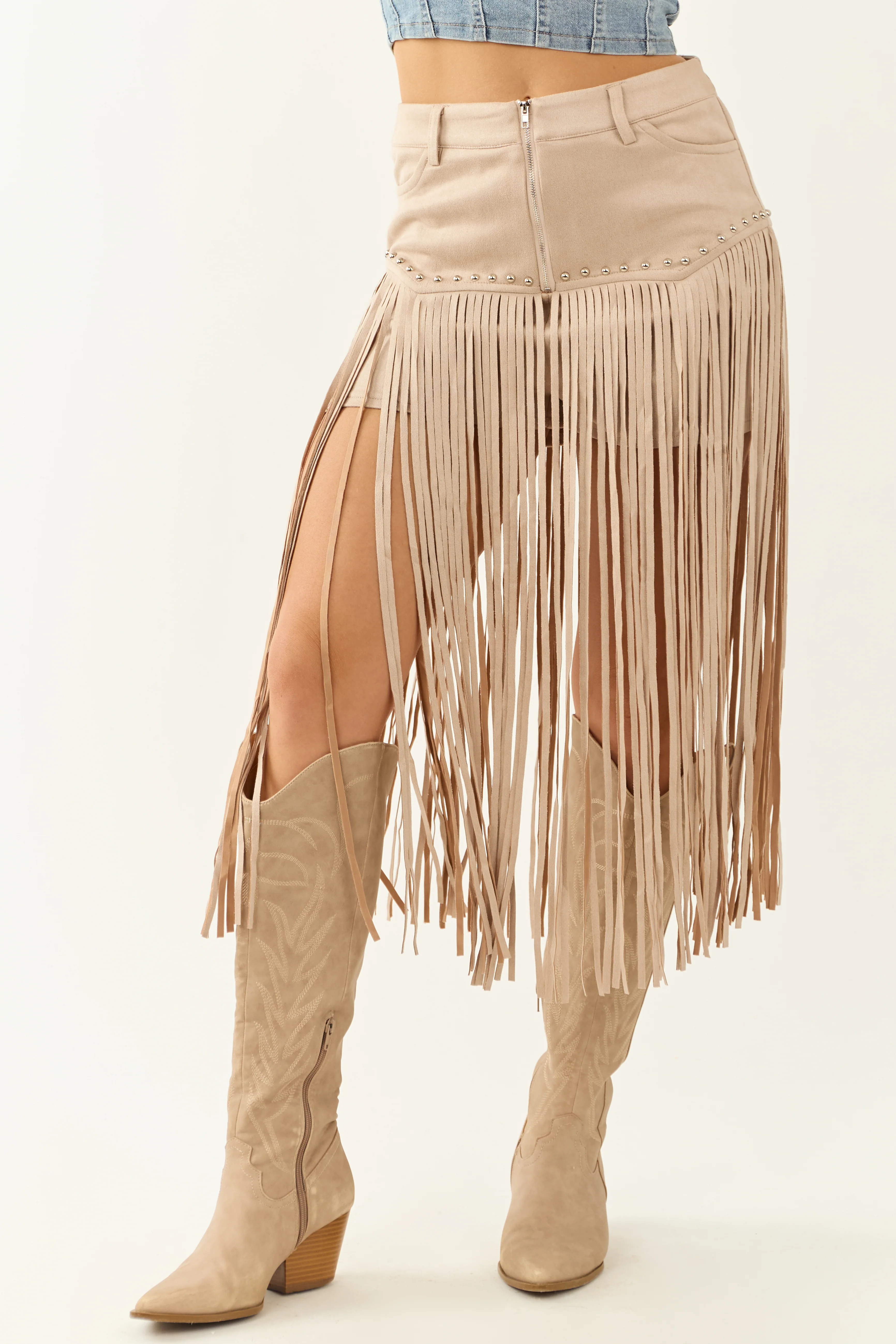 Oatmeal Faux Suede Fringe High Rise Studded Shorts - Image 2