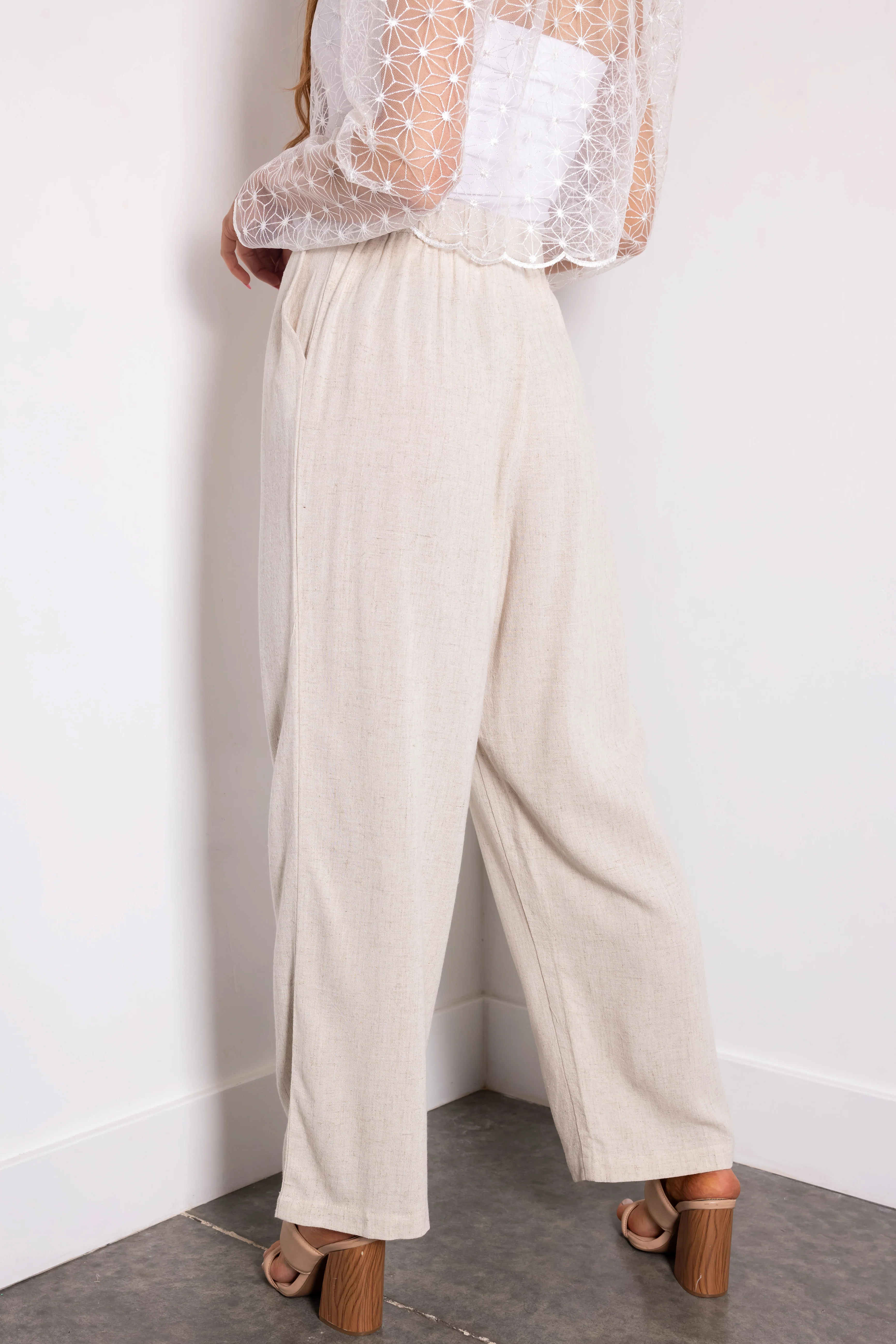 Oatmeal Pleated Straight Leg Linen Pants - Image 4