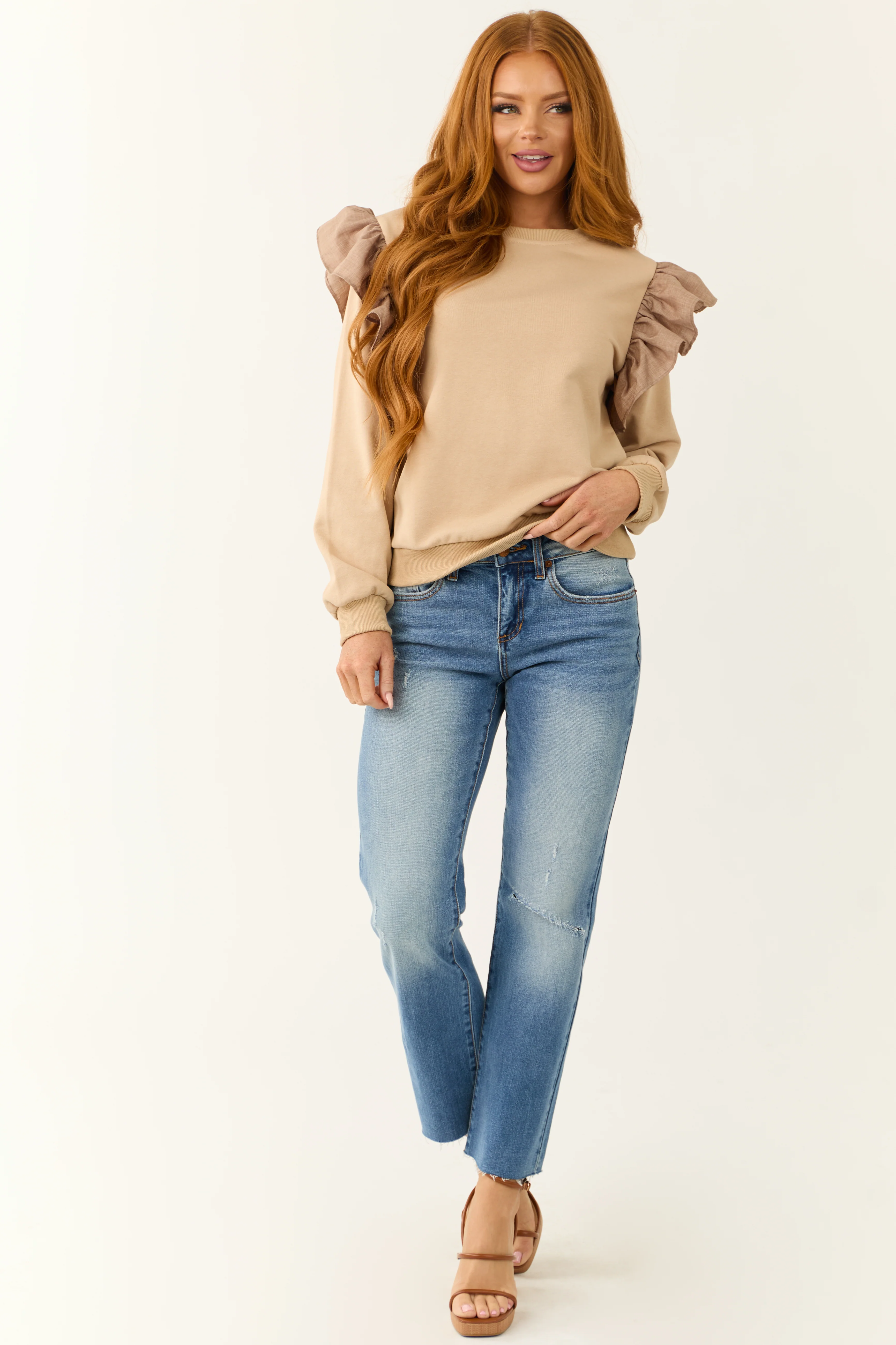 Oatmeal Ruffle Shoulder Detail Long Sleeve Top - Image 4