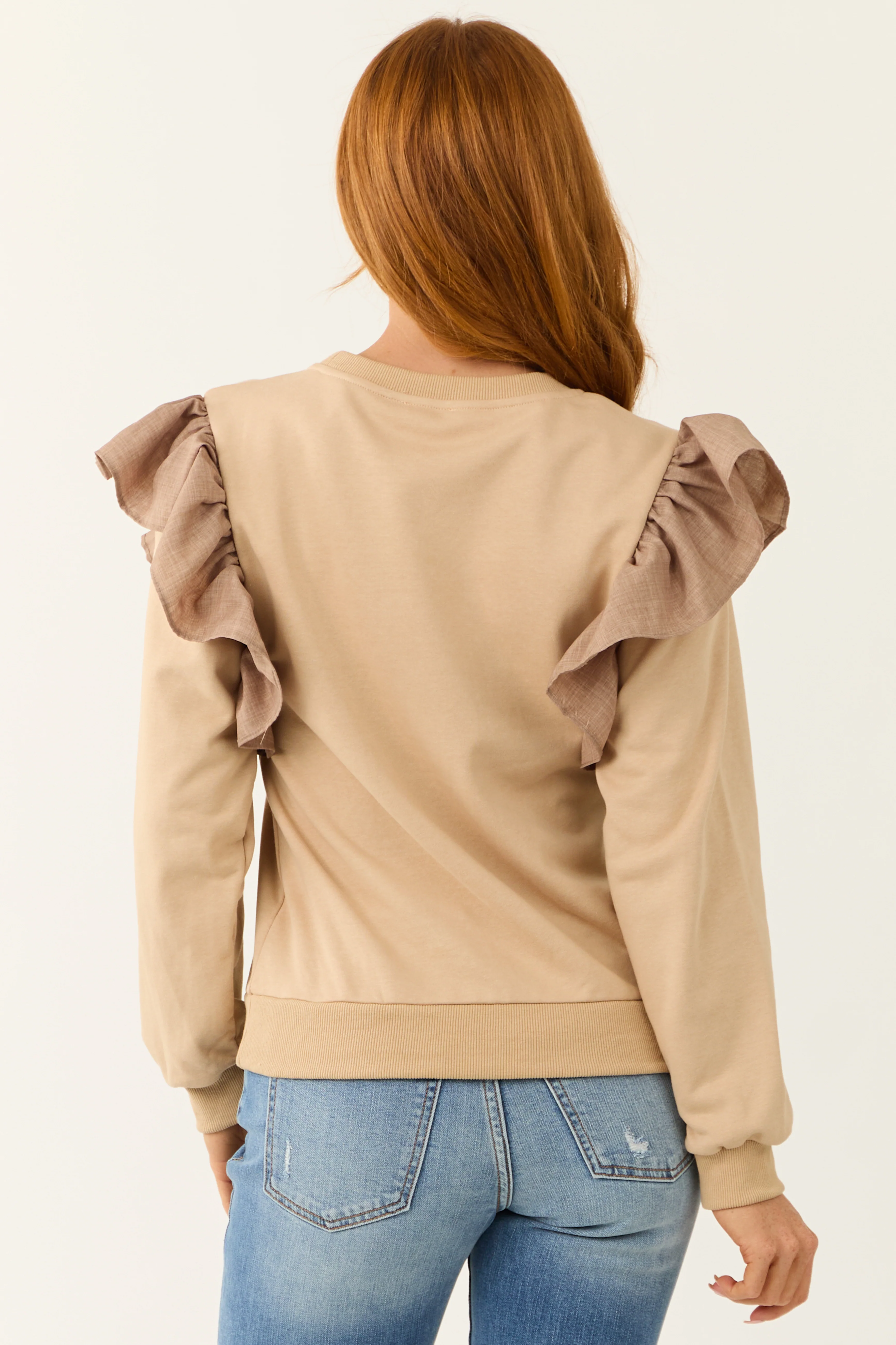 Oatmeal Ruffle Shoulder Detail Long Sleeve Top - Image 7