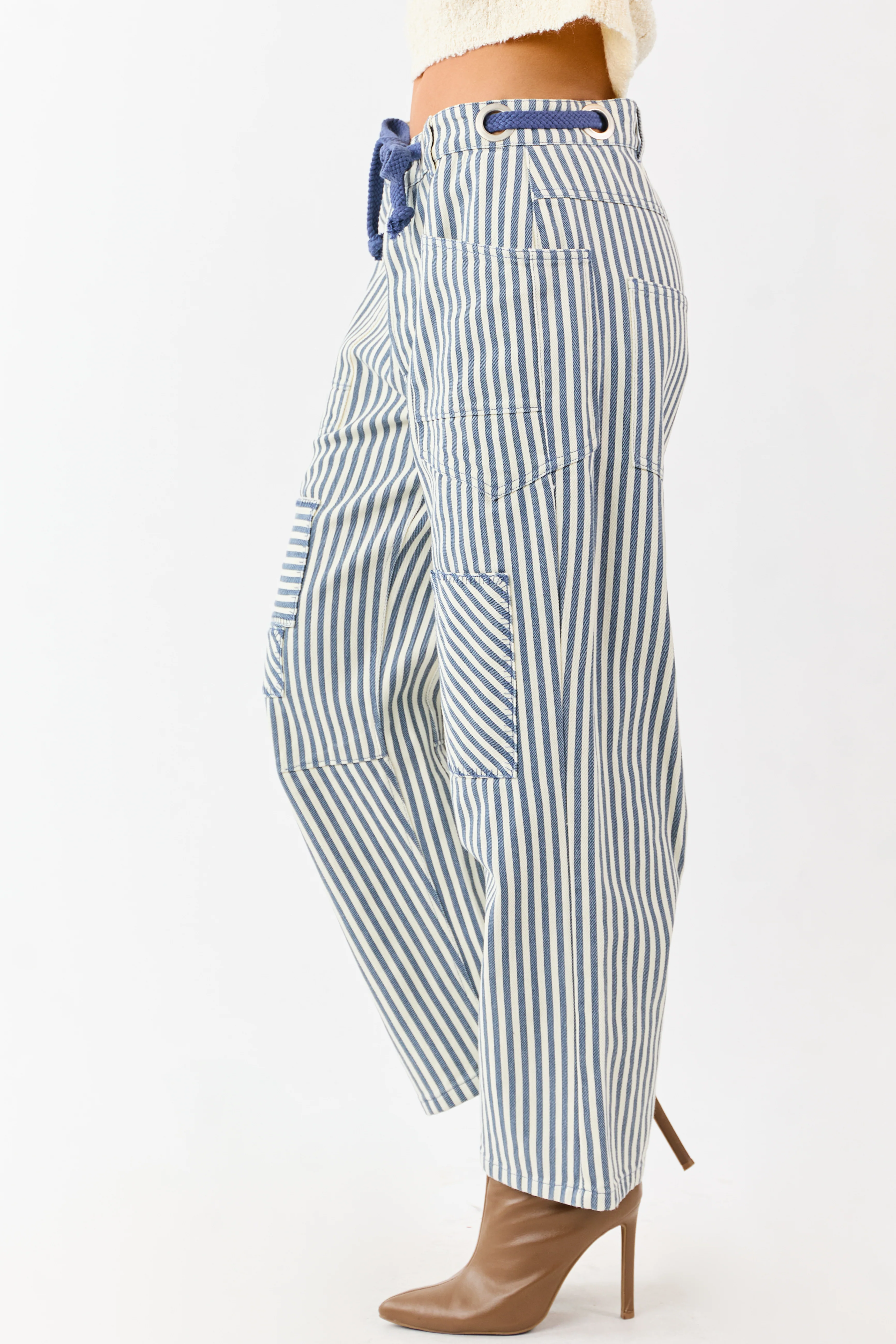 Ocean Striped Waist Tie Wide Patchwork Twill Pants - Image 3