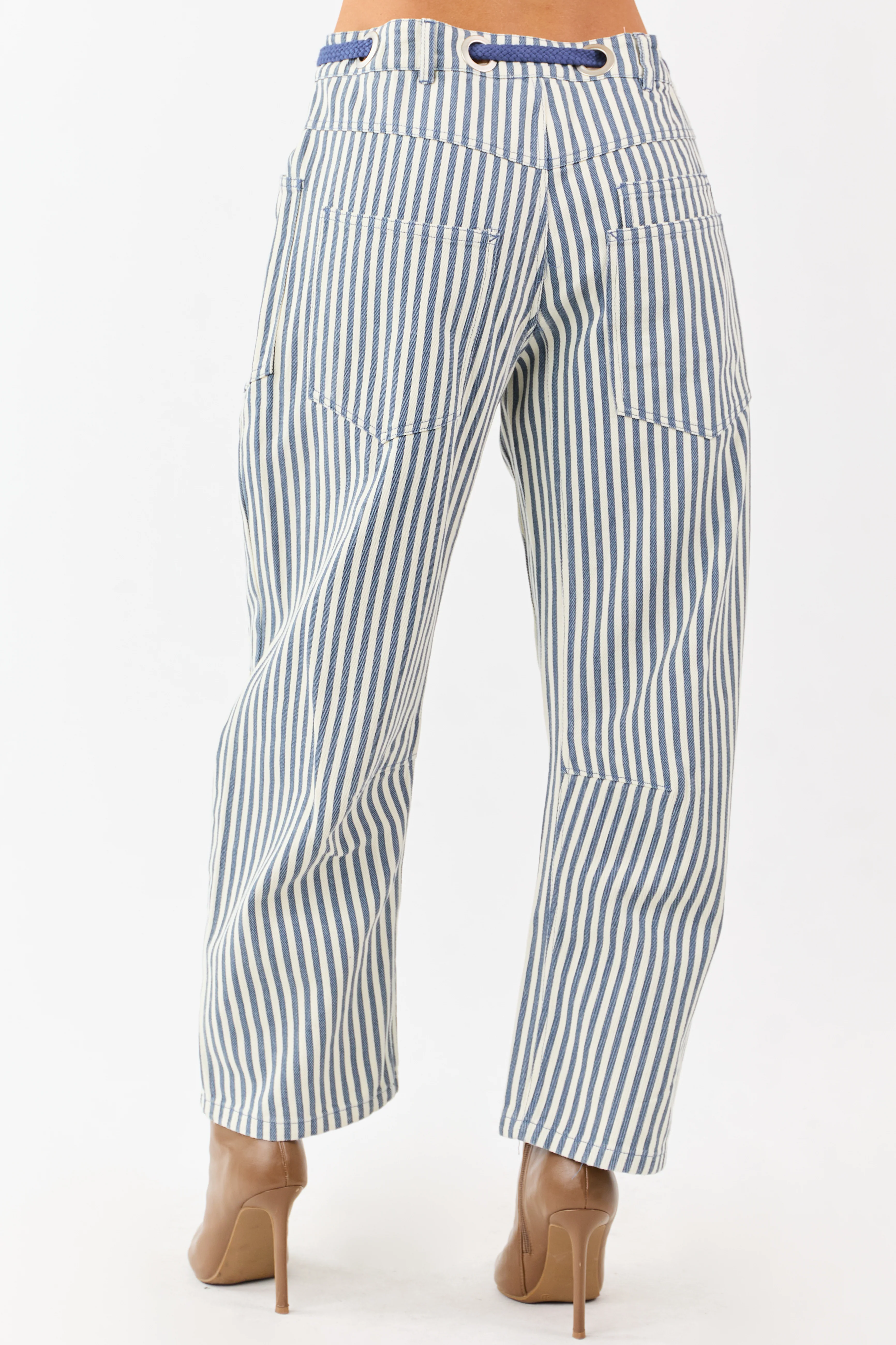 Ocean Striped Waist Tie Wide Patchwork Twill Pants - Image 4