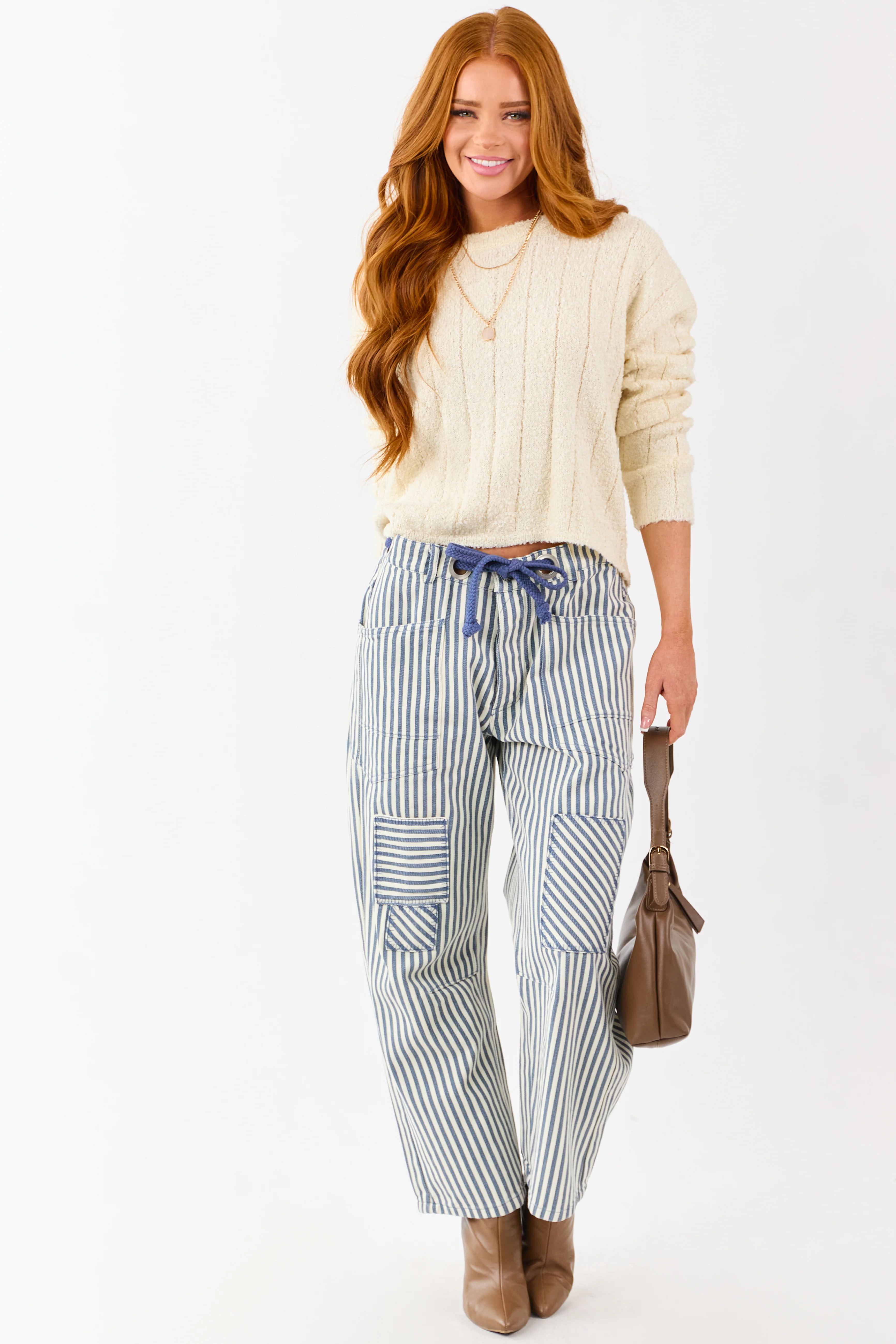 Ocean Striped Waist Tie Wide Patchwork Twill Pants - Image 5