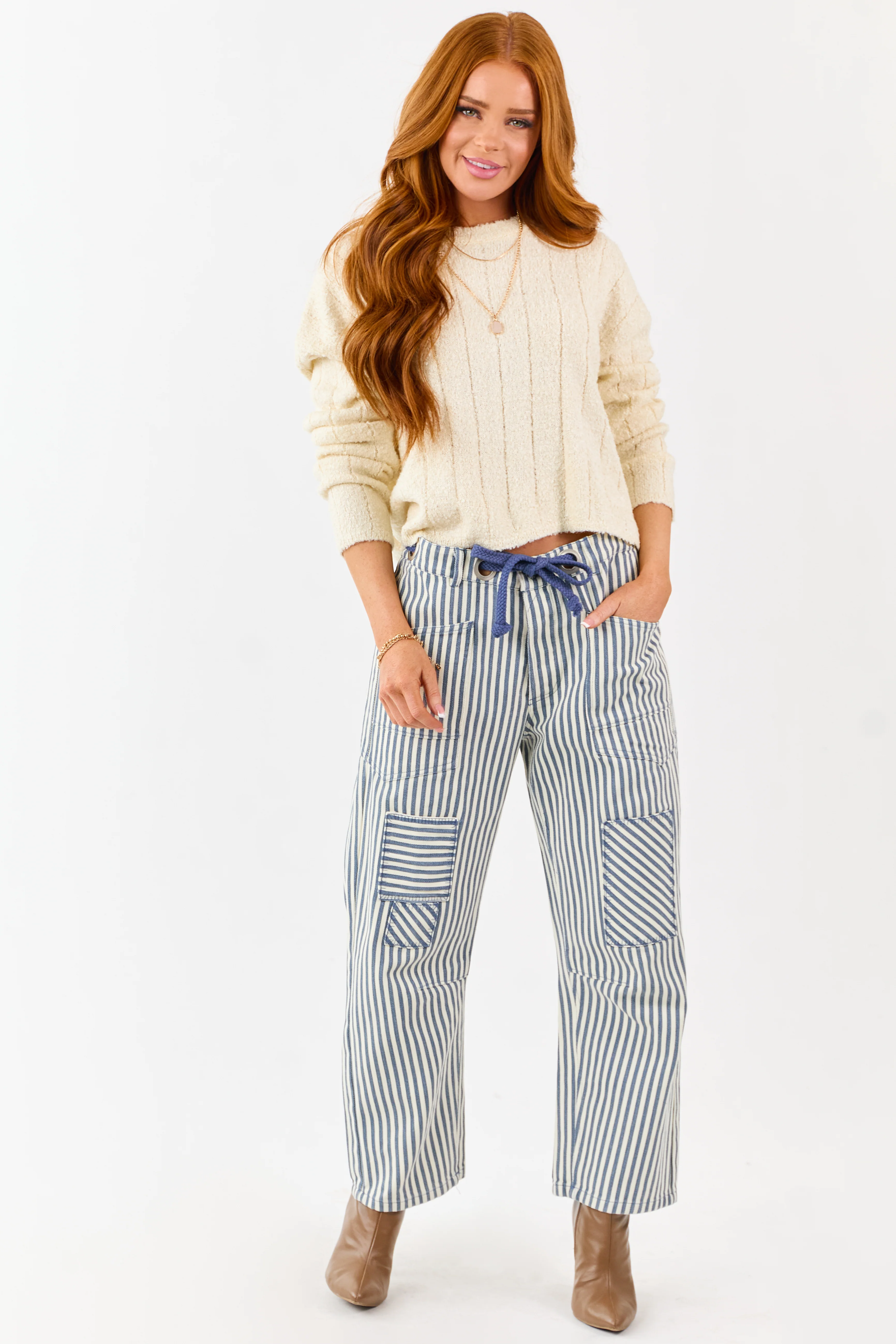 Ocean Striped Waist Tie Wide Patchwork Twill Pants - Image 6