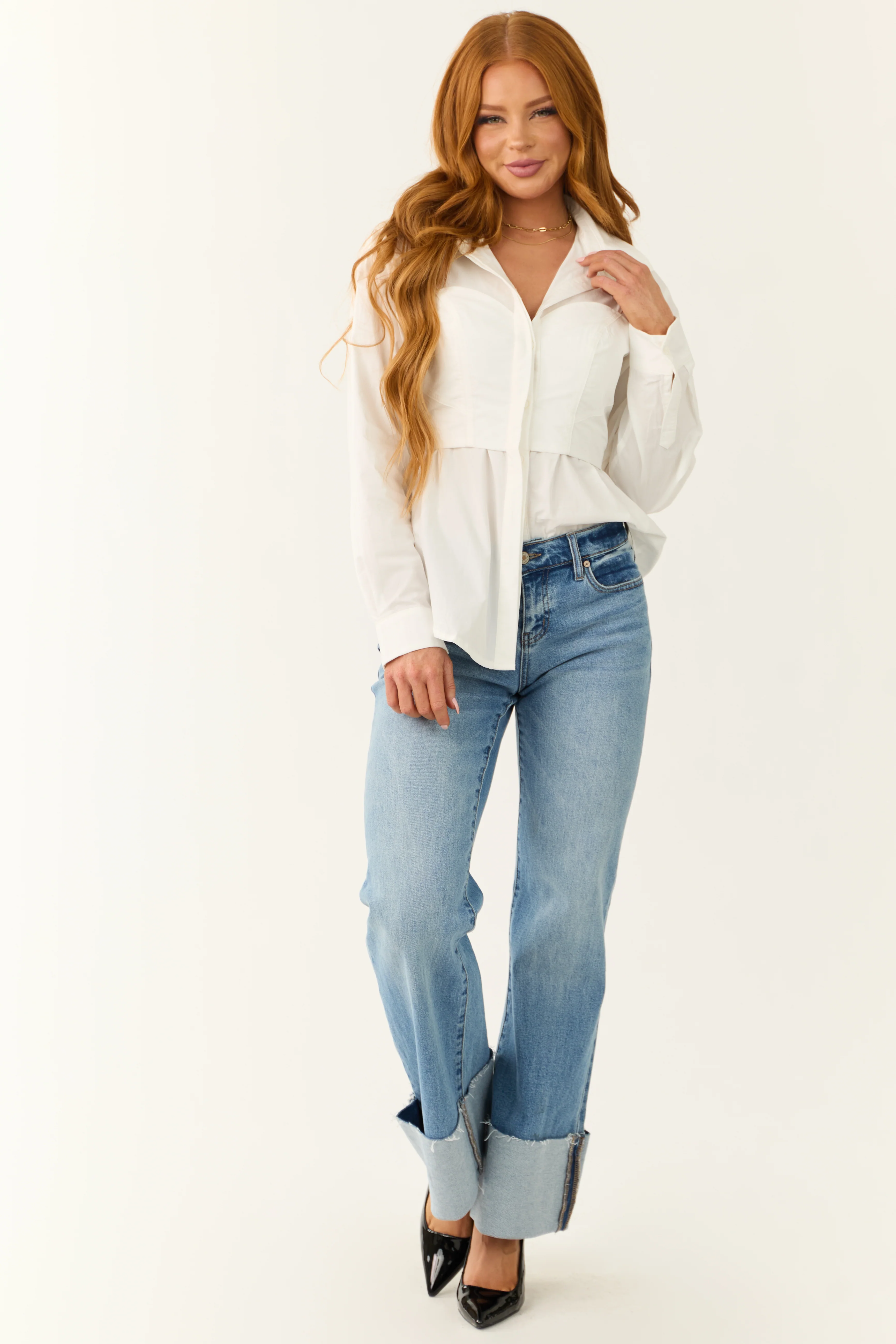 Off White Attached Corset Style Long Sleeve Top - Image 4
