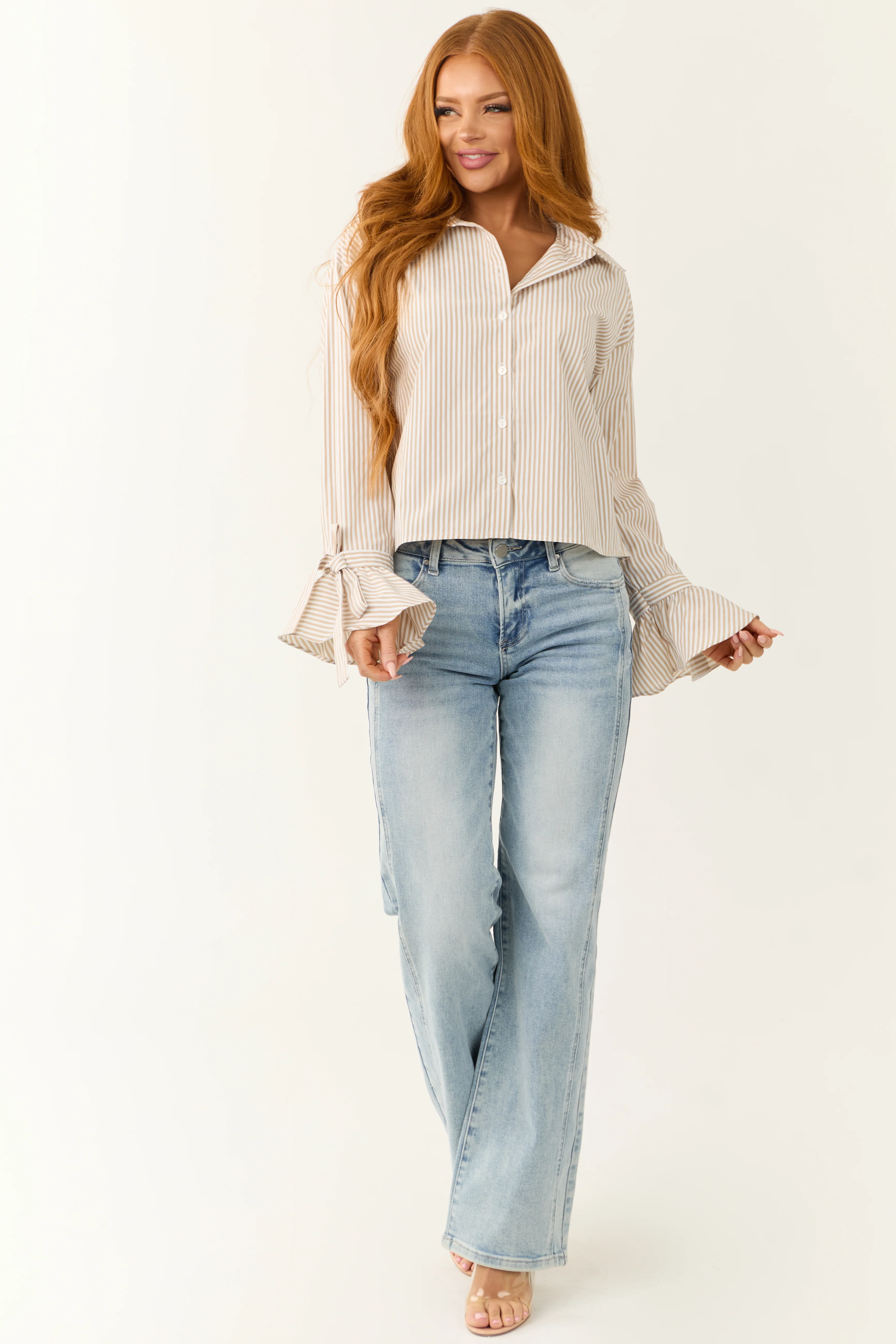 Off White and Beige Striped Button Down Top - Image 2