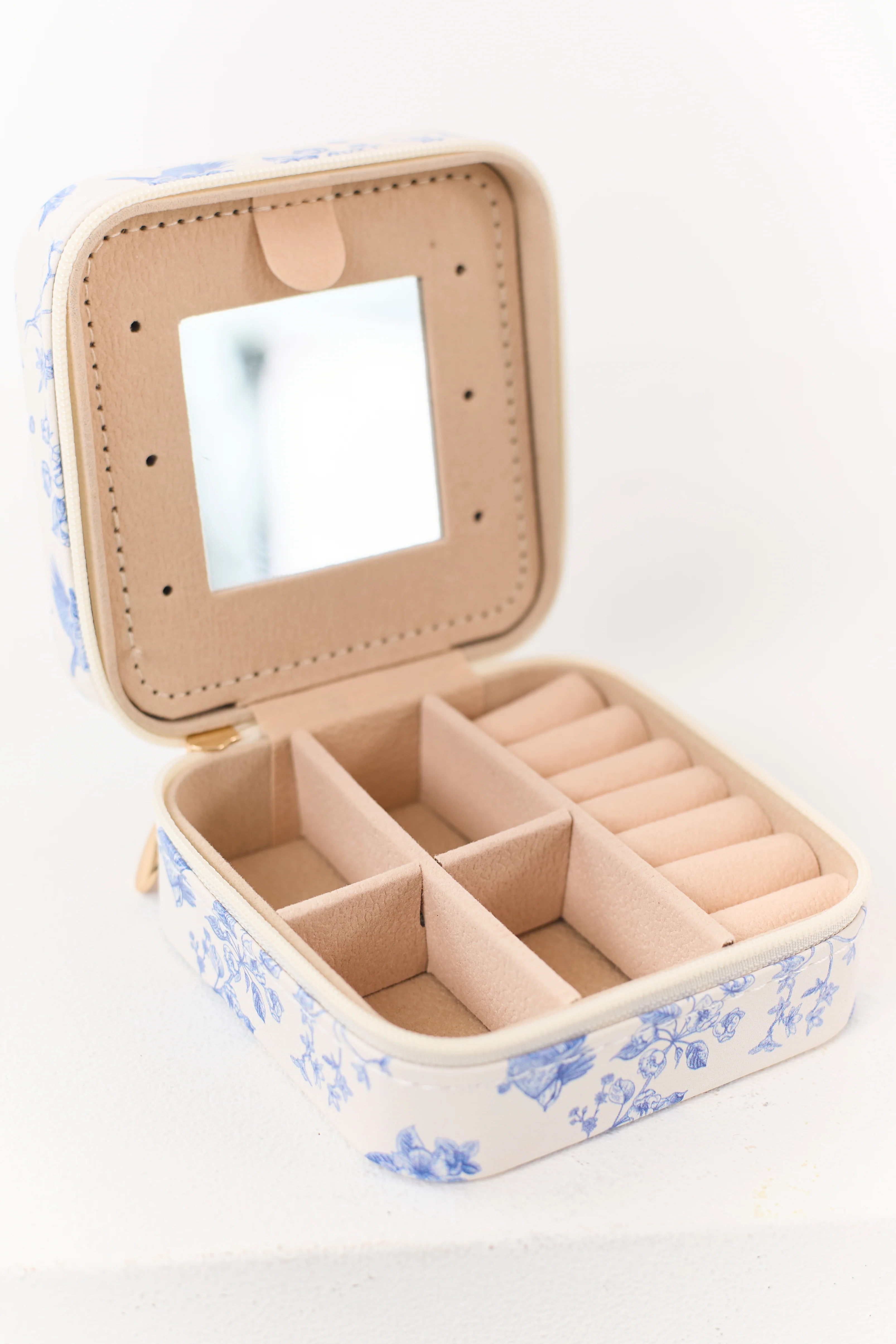 Off White Bird and Floral Print Portable Jewelry Box