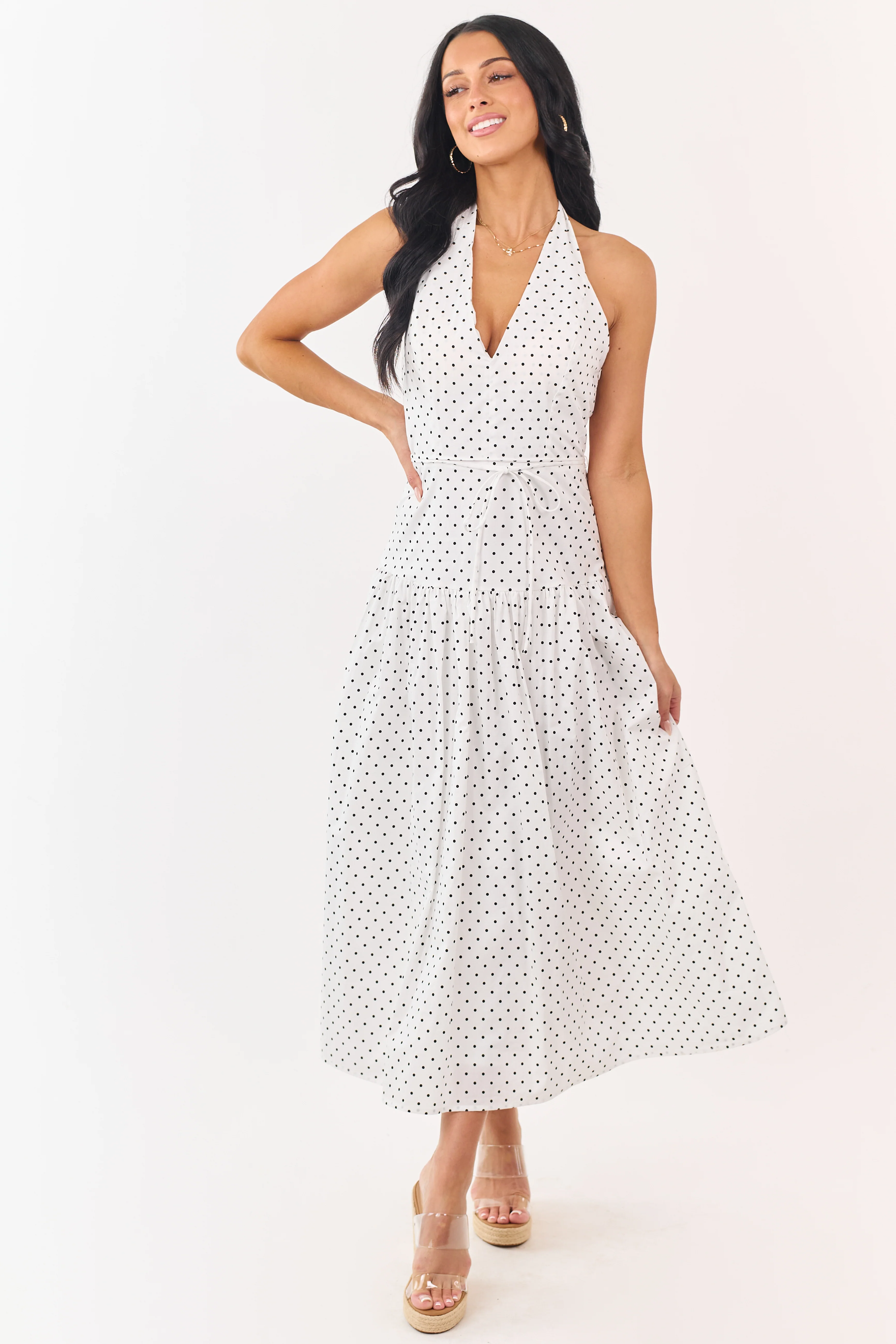 Off White and Black Polka Dot Cotton Maxi Dress