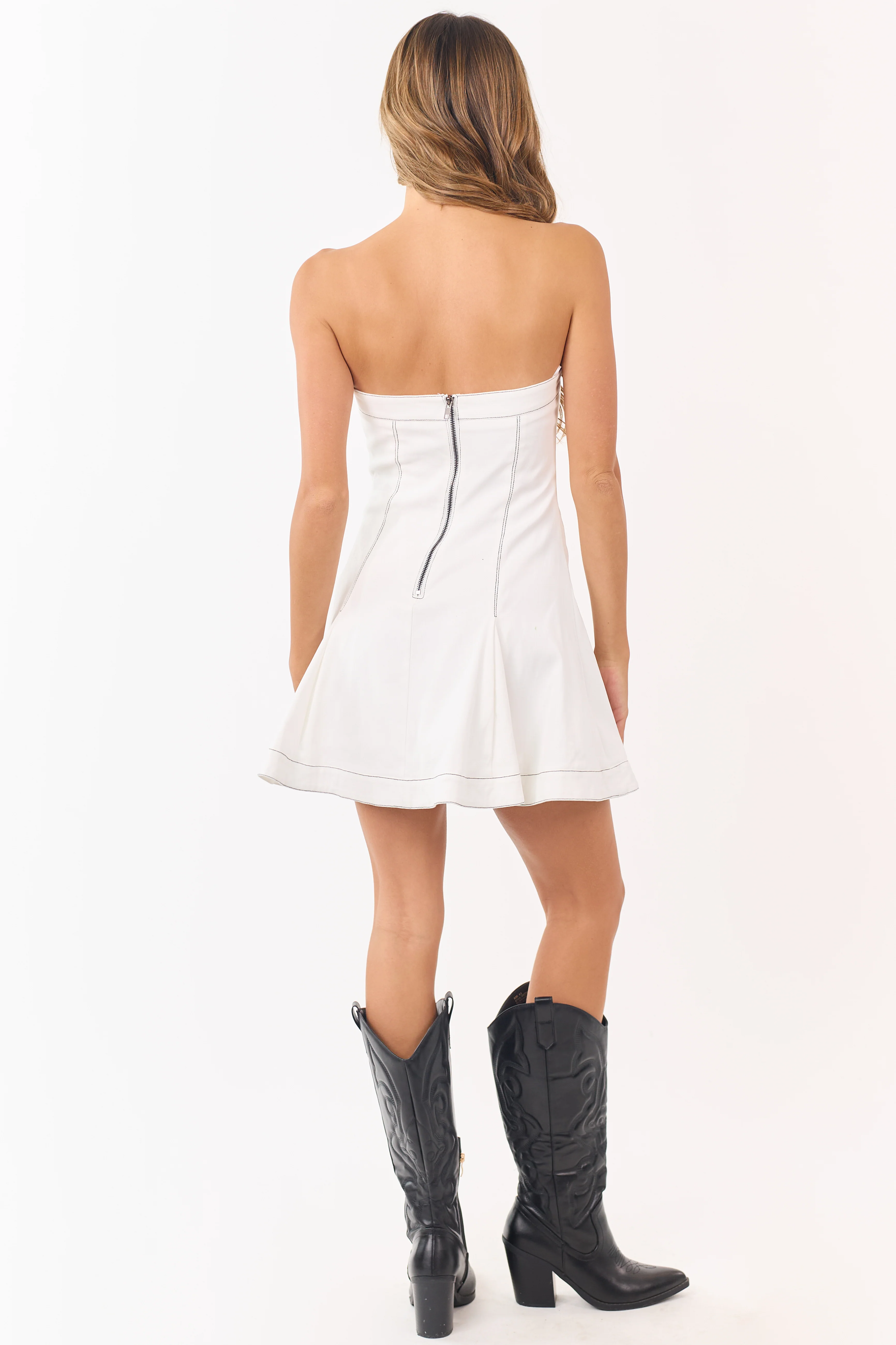 Off White Denim Button Detail Strapless Mini Dress - Image 5