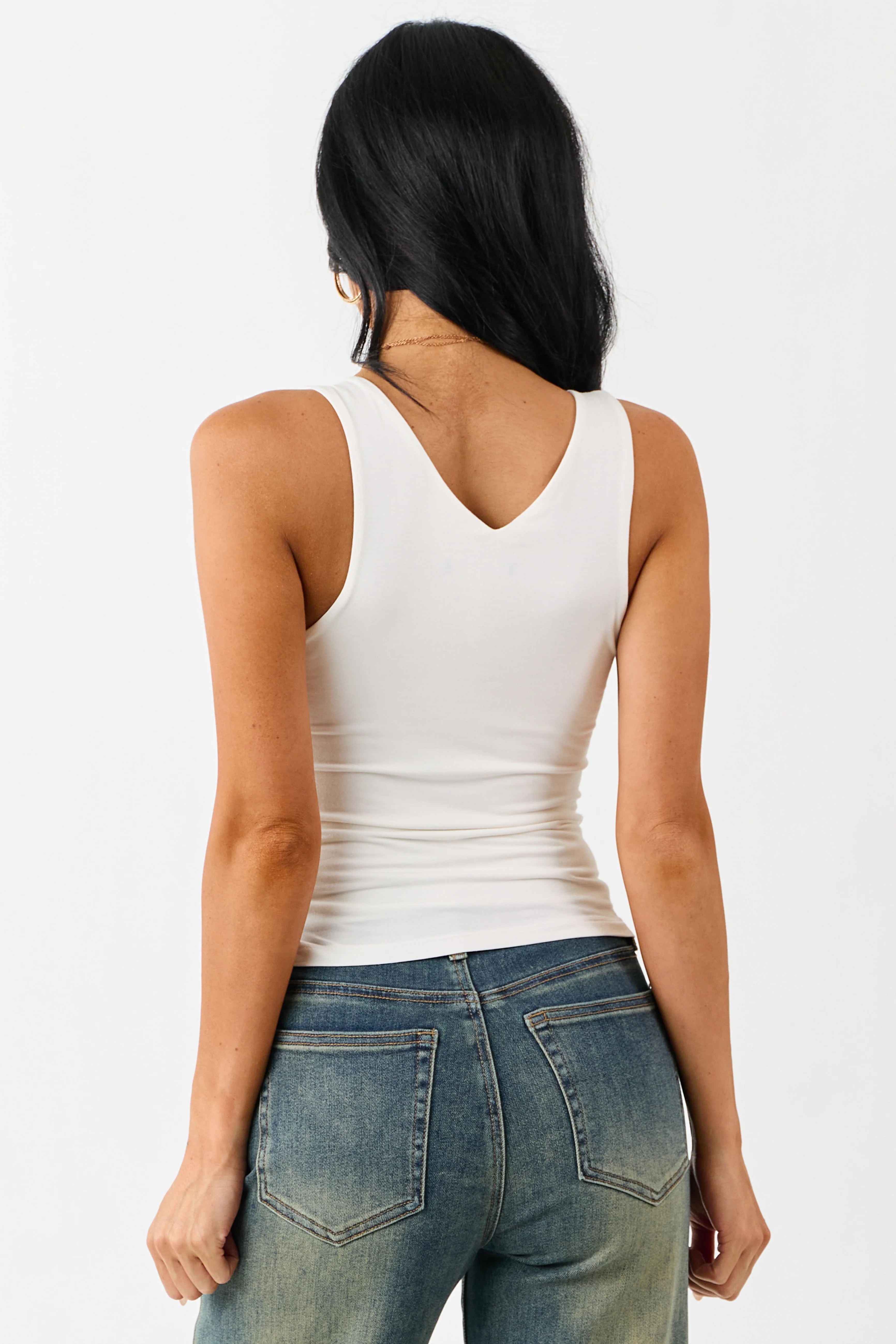 Off White Double Layer Knit V-Neck Tank Top - Image 5