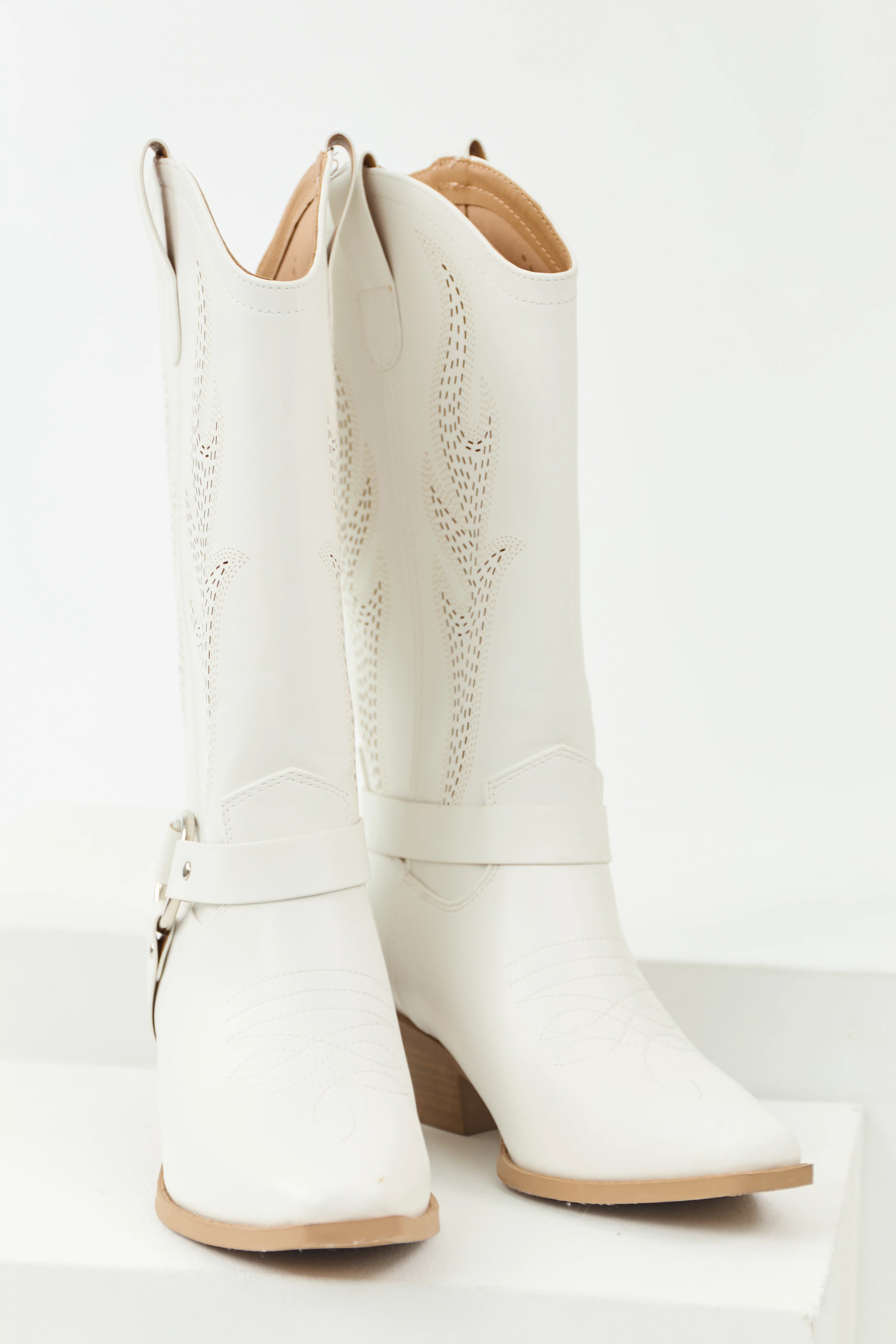 Off White Embroidered Riding Strap Heeled Boots - Image 2