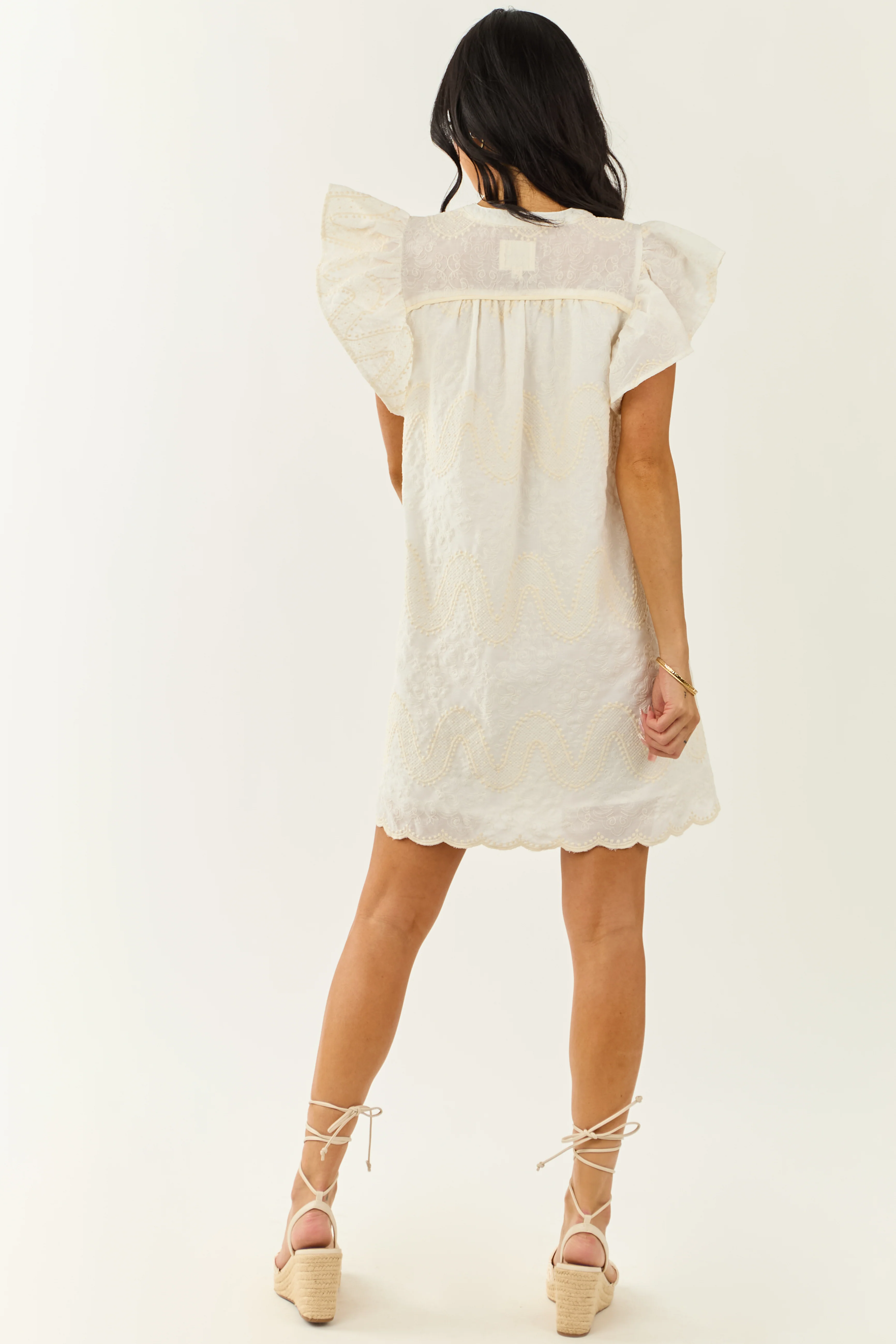 Off White Embroidered Ruffle Sleeve Mini Dress - Image 5