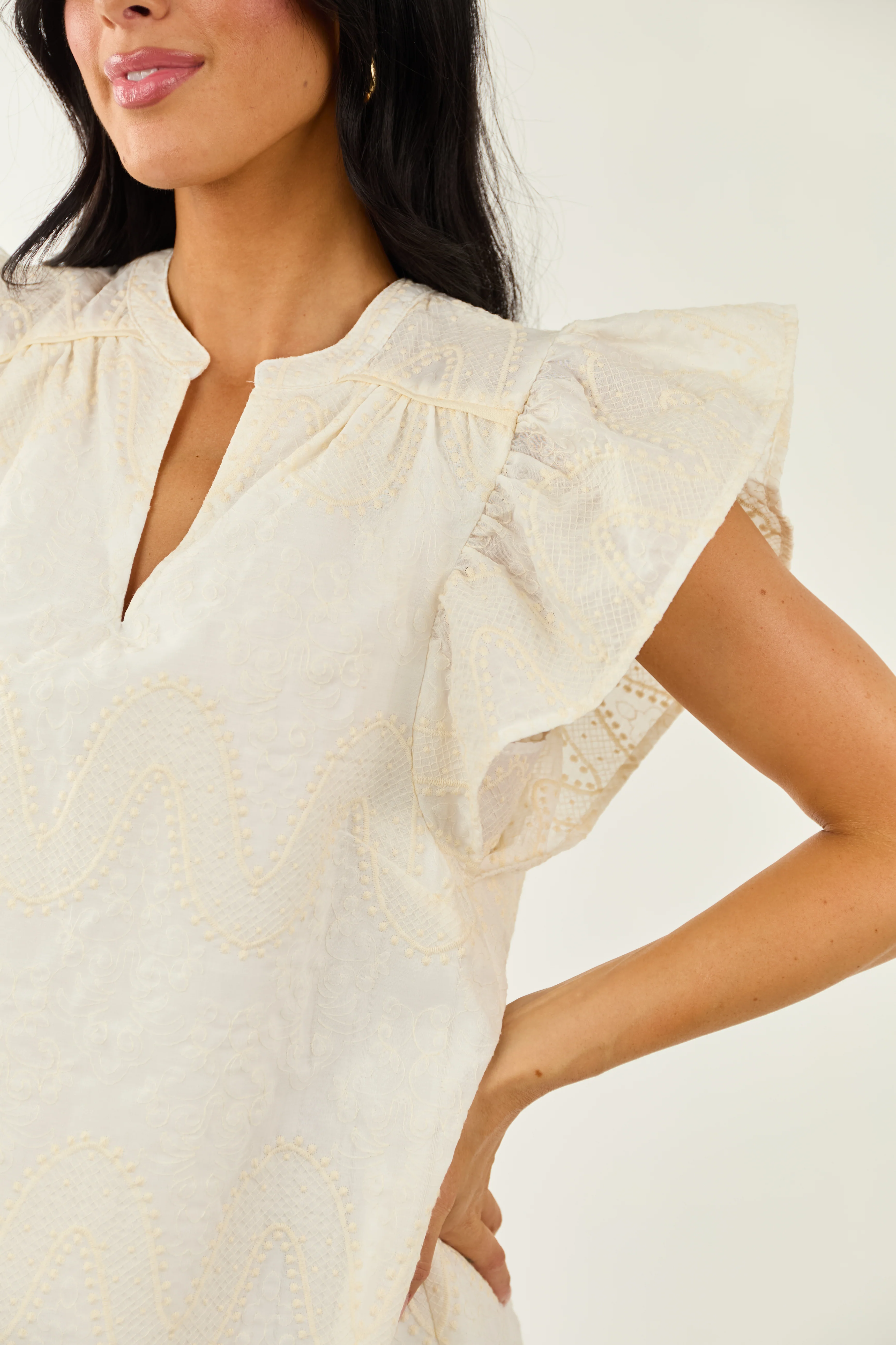 Off White Embroidered Ruffle Sleeve Mini Dress - Image 6