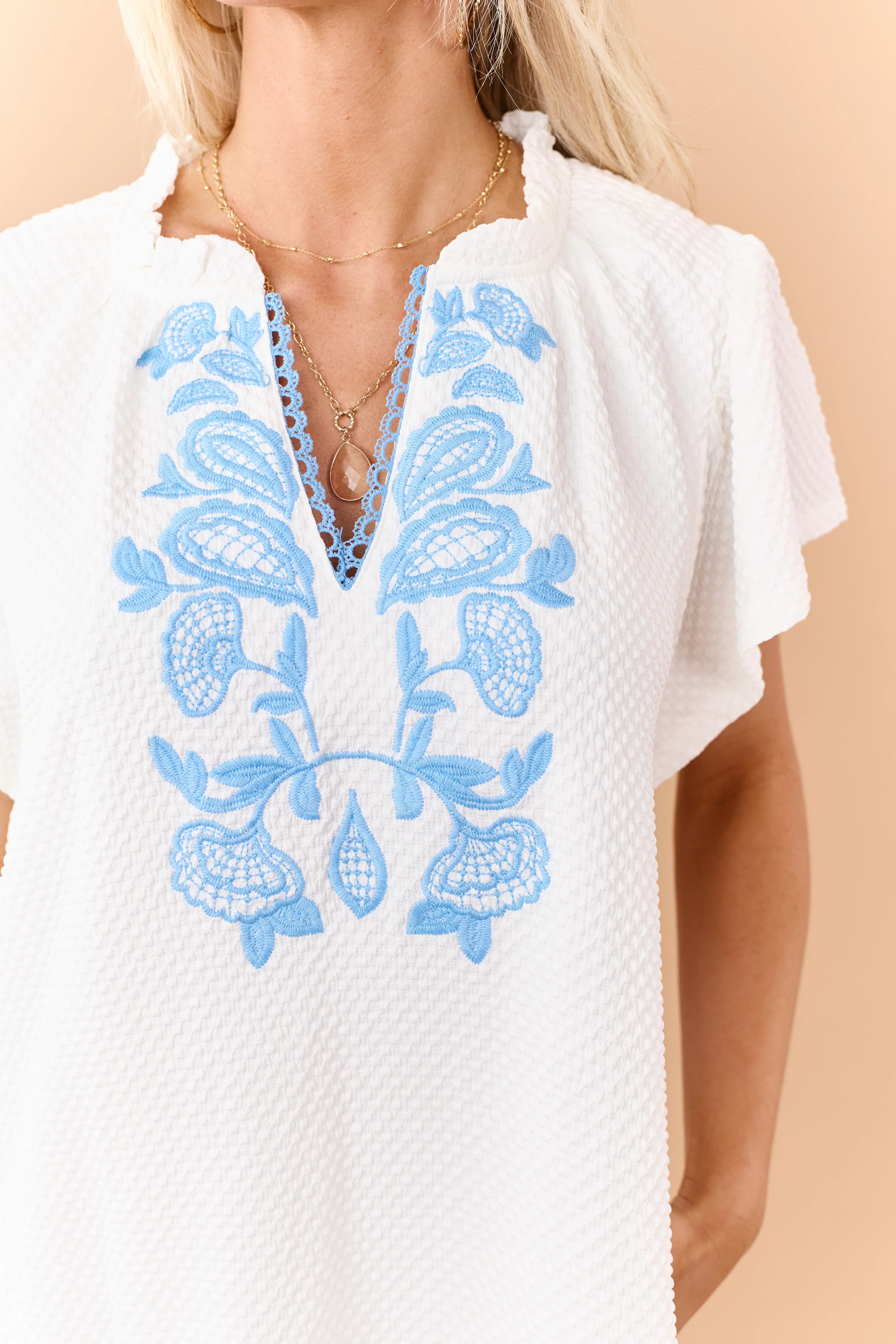 Off White Embroidered V Neck Textured Mini Dress - Image 2