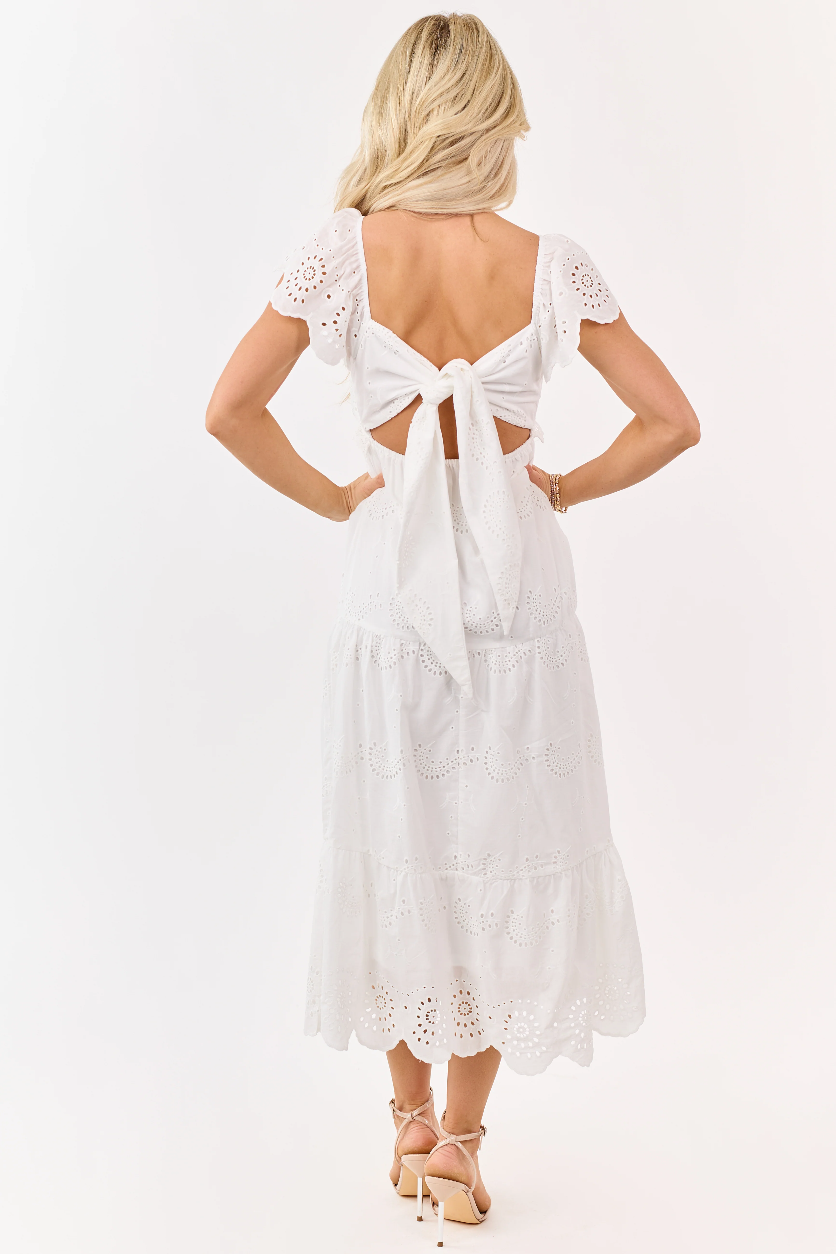 Off White Eyelet Cotton Lace Babydoll Midi Dress - Image 6