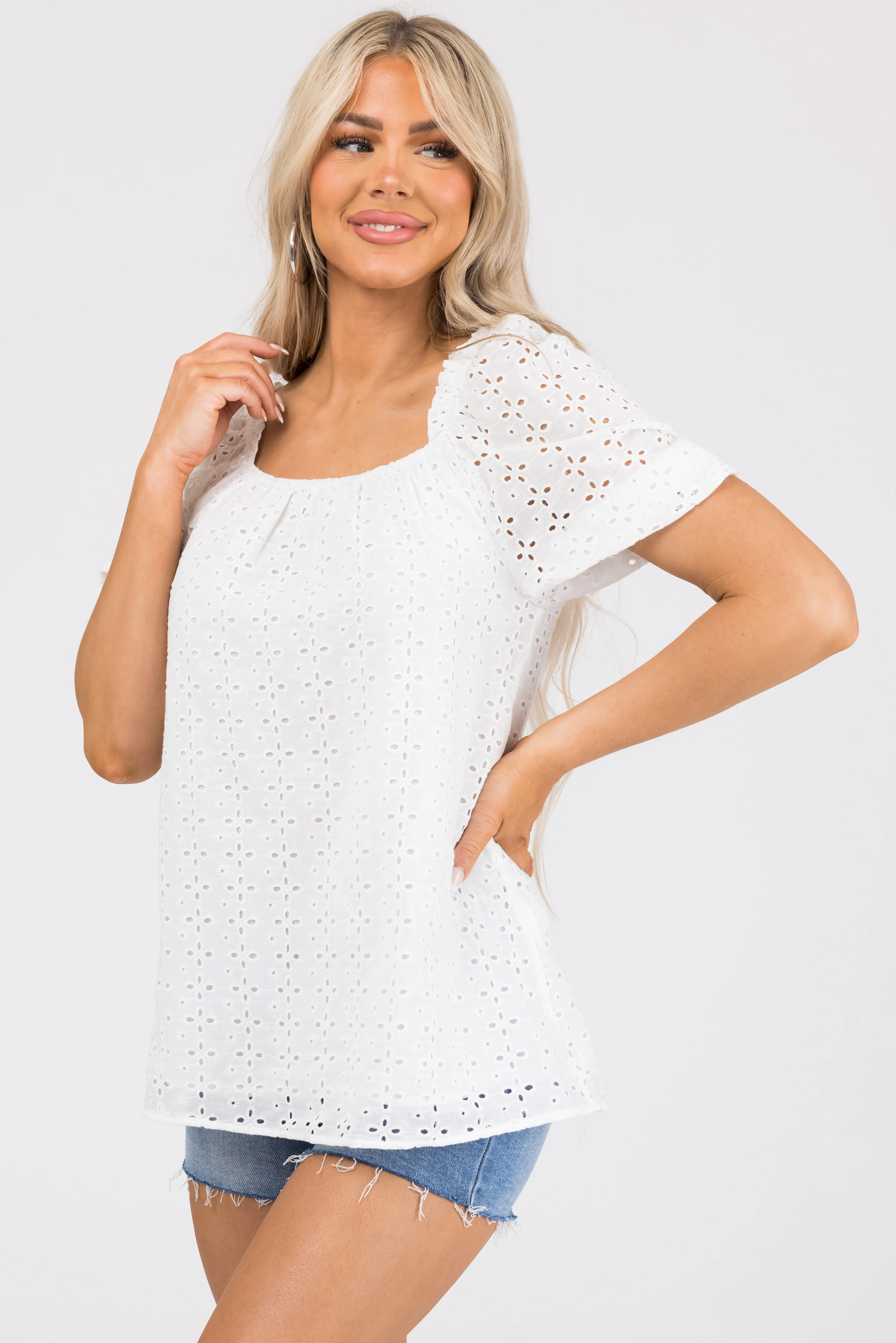 Off White Eyelet Detail Puff Half Sleeve Top - Image 4