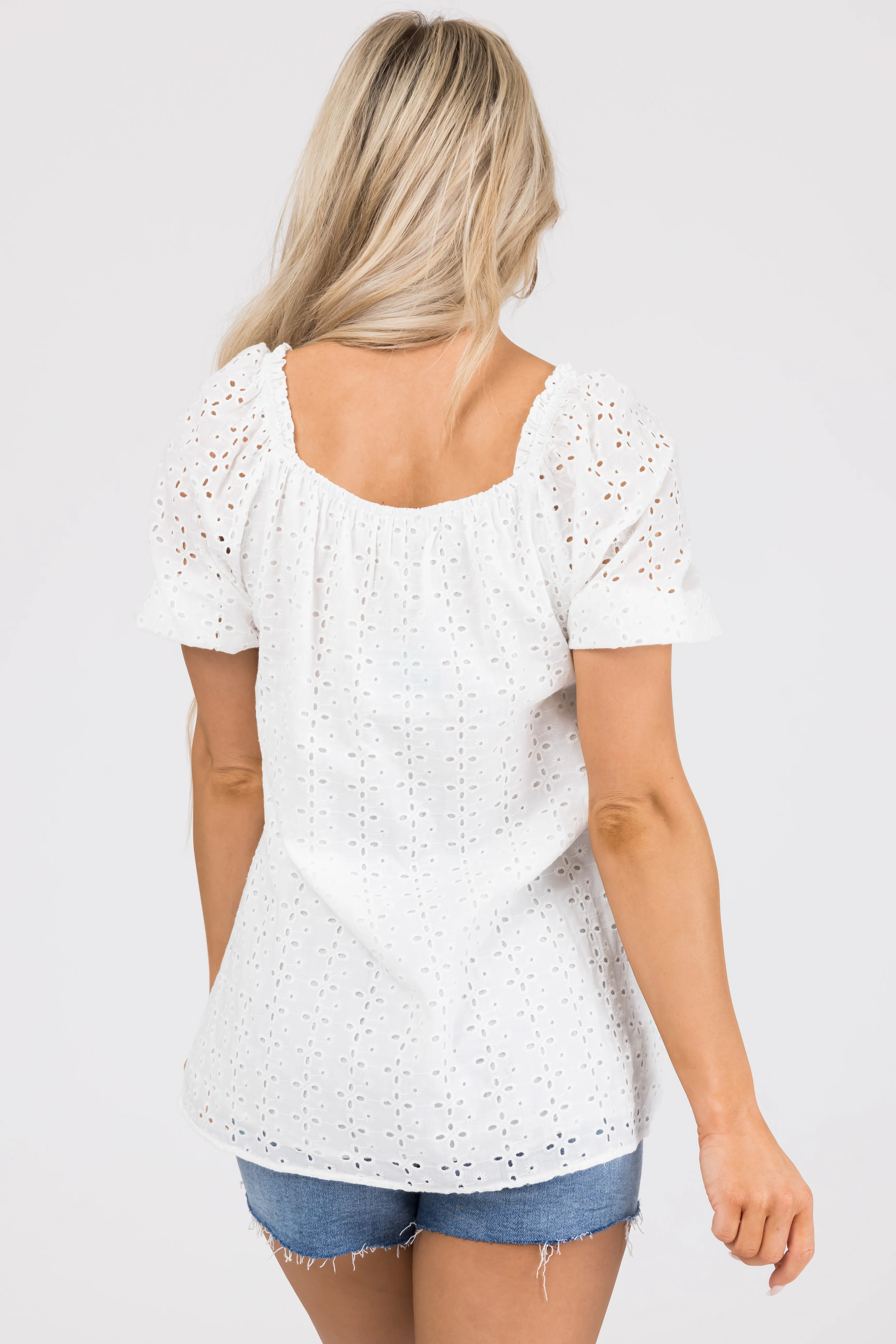 Off White Eyelet Detail Puff Half Sleeve Top - Image 5