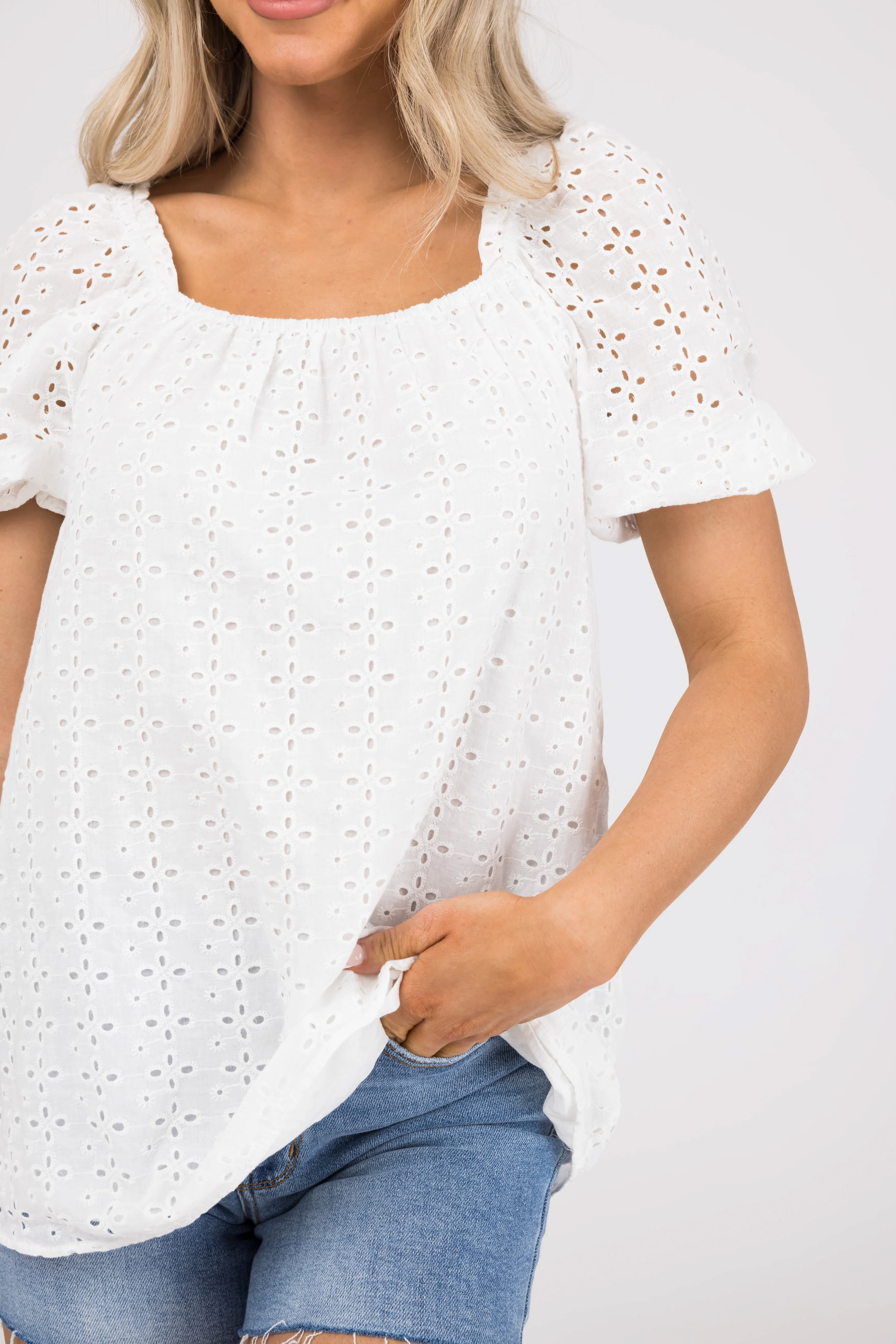 Off White Eyelet Detail Puff Half Sleeve Top - Image 6
