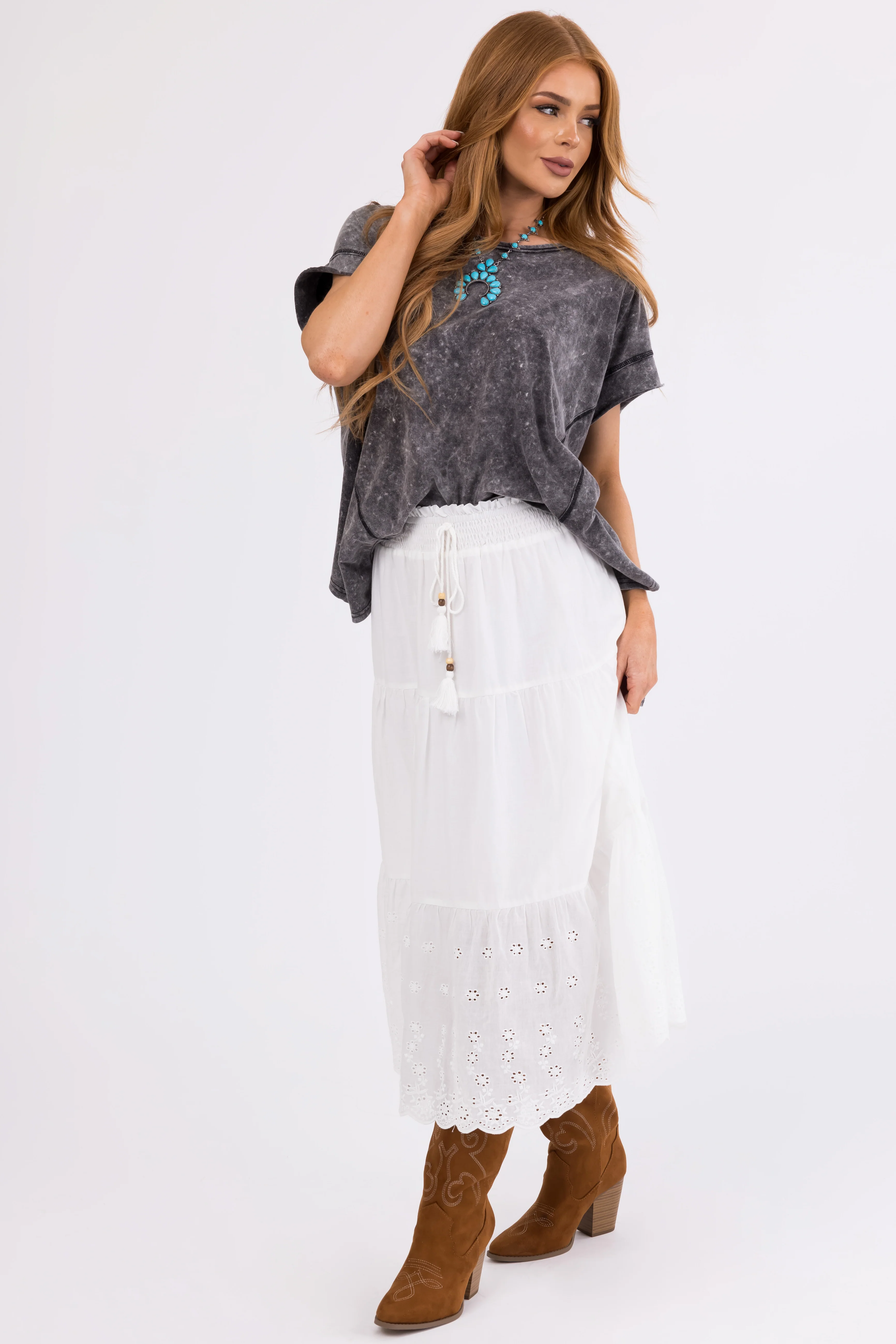 Off White Eyelet Detail Tiered Midi Skirt - Image 5