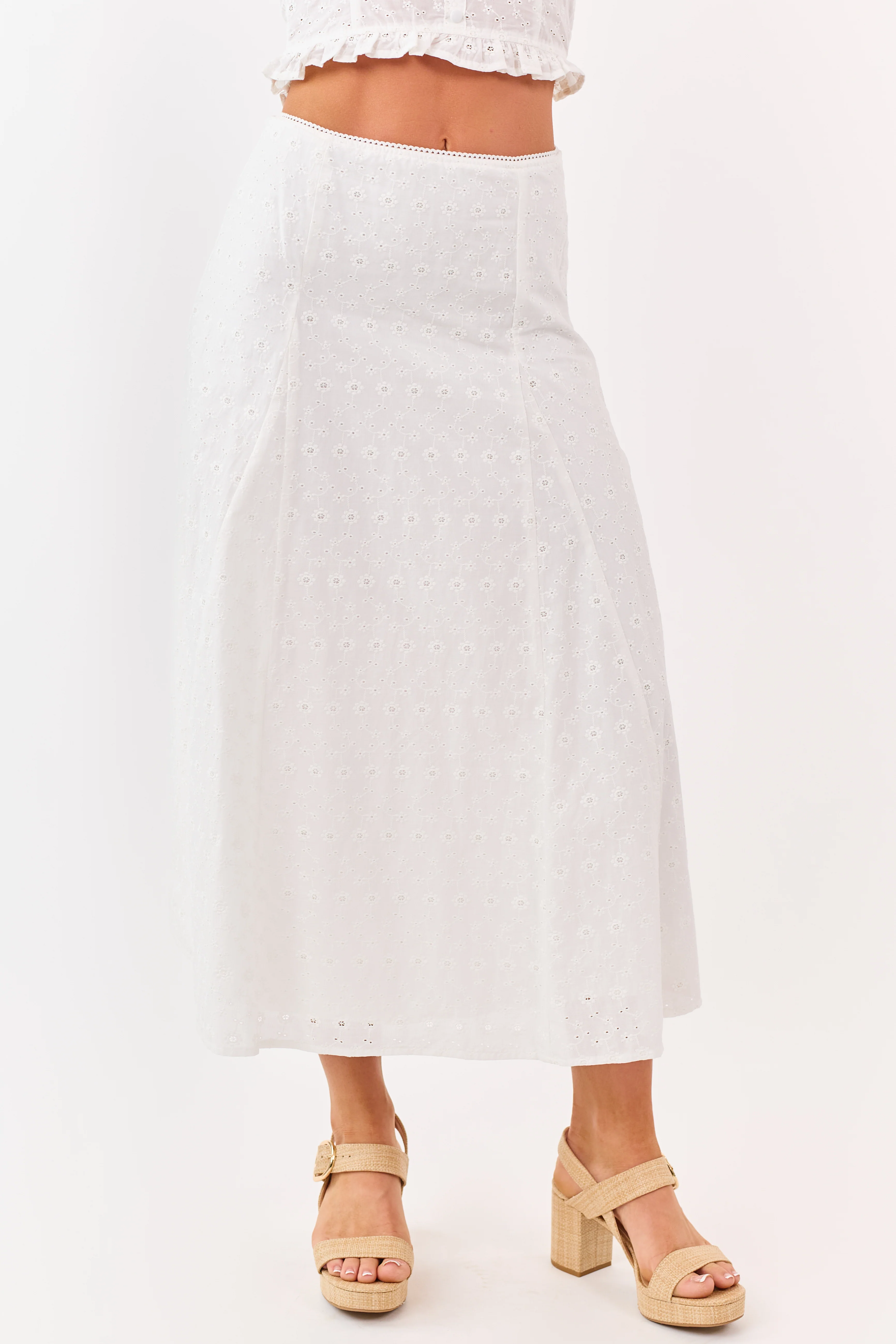 Off White Eyelet Lace Cotton Midi Skirt - Image 2