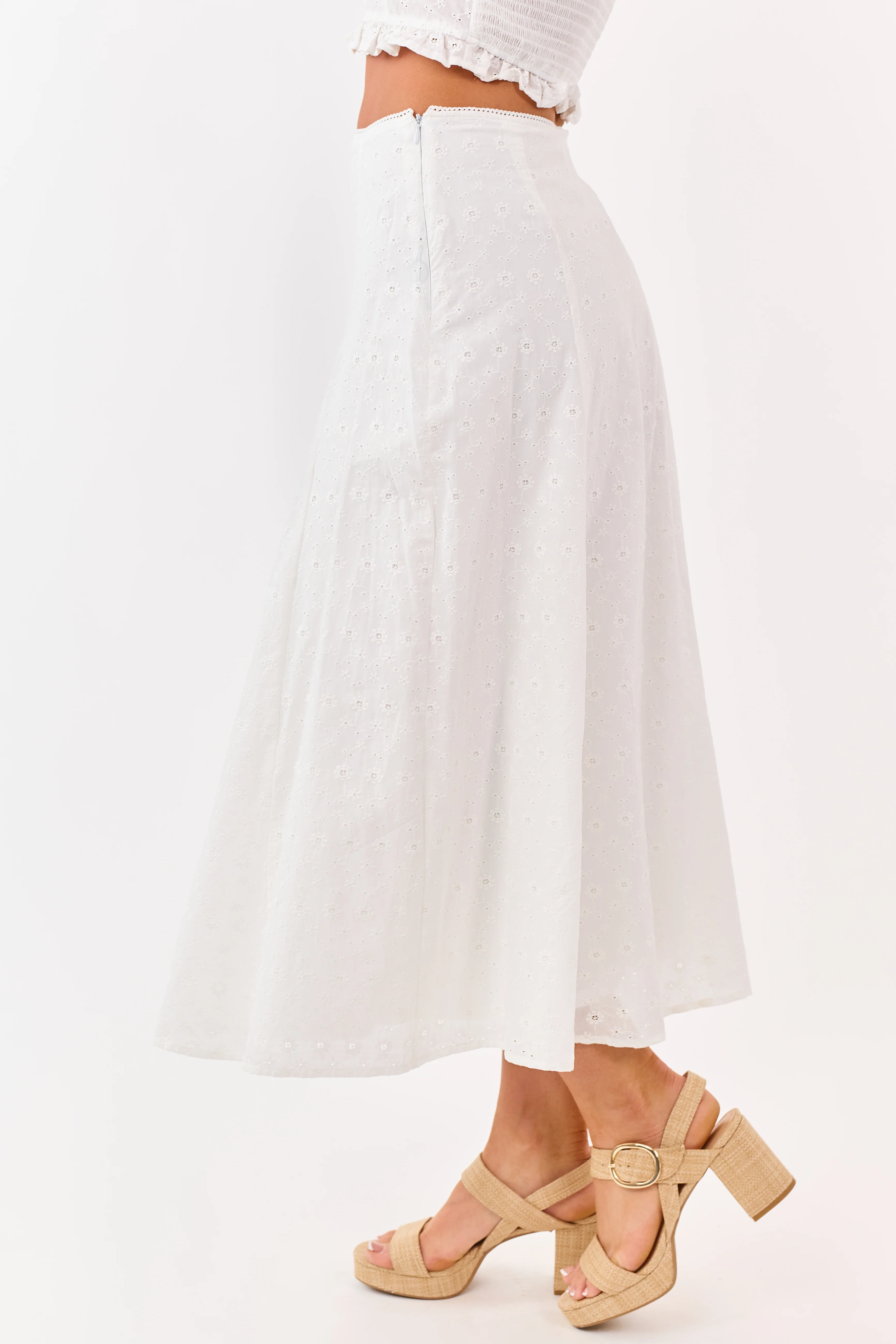 Off White Eyelet Lace Cotton Midi Skirt - Image 3