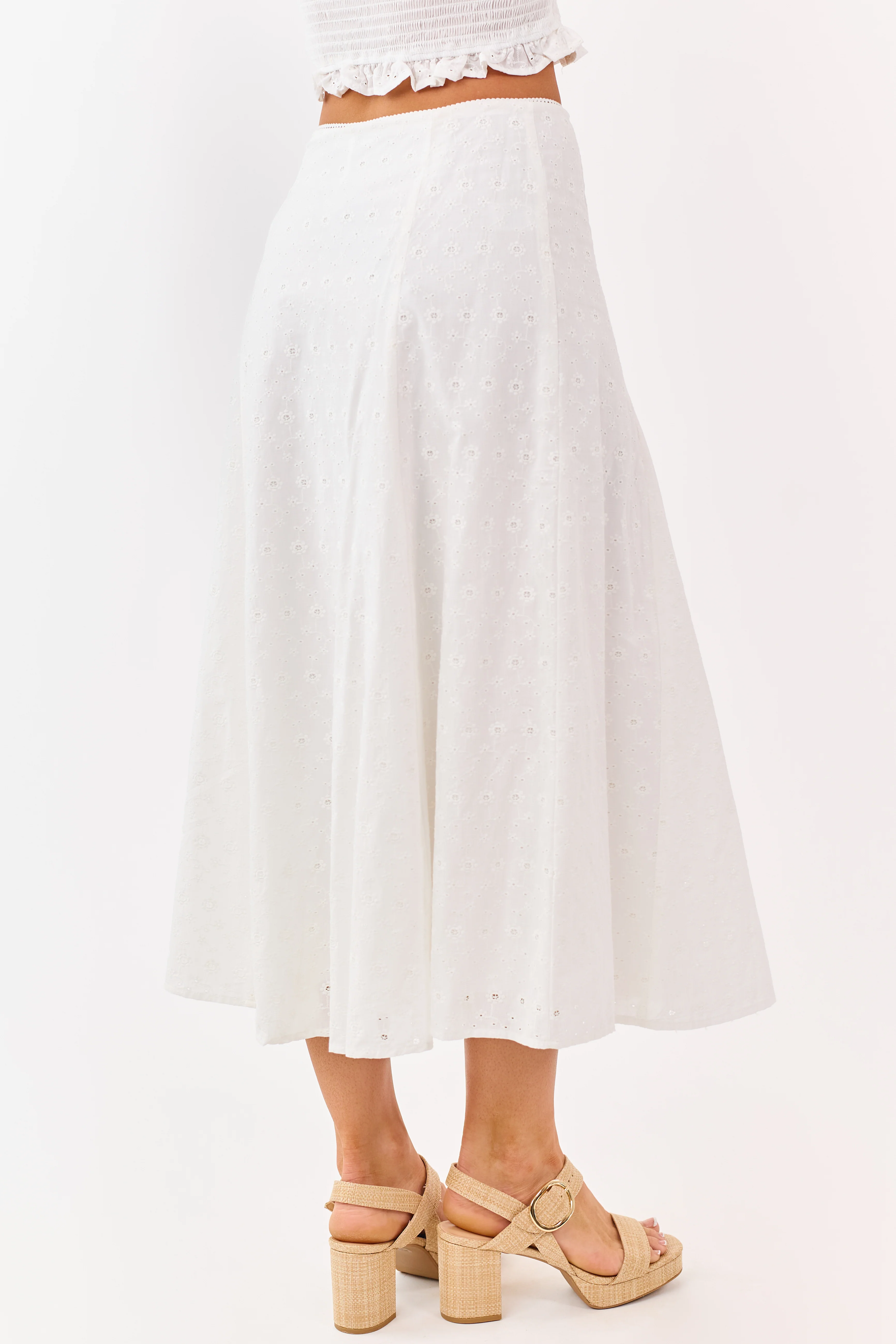 Off White Eyelet Lace Cotton Midi Skirt - Image 4