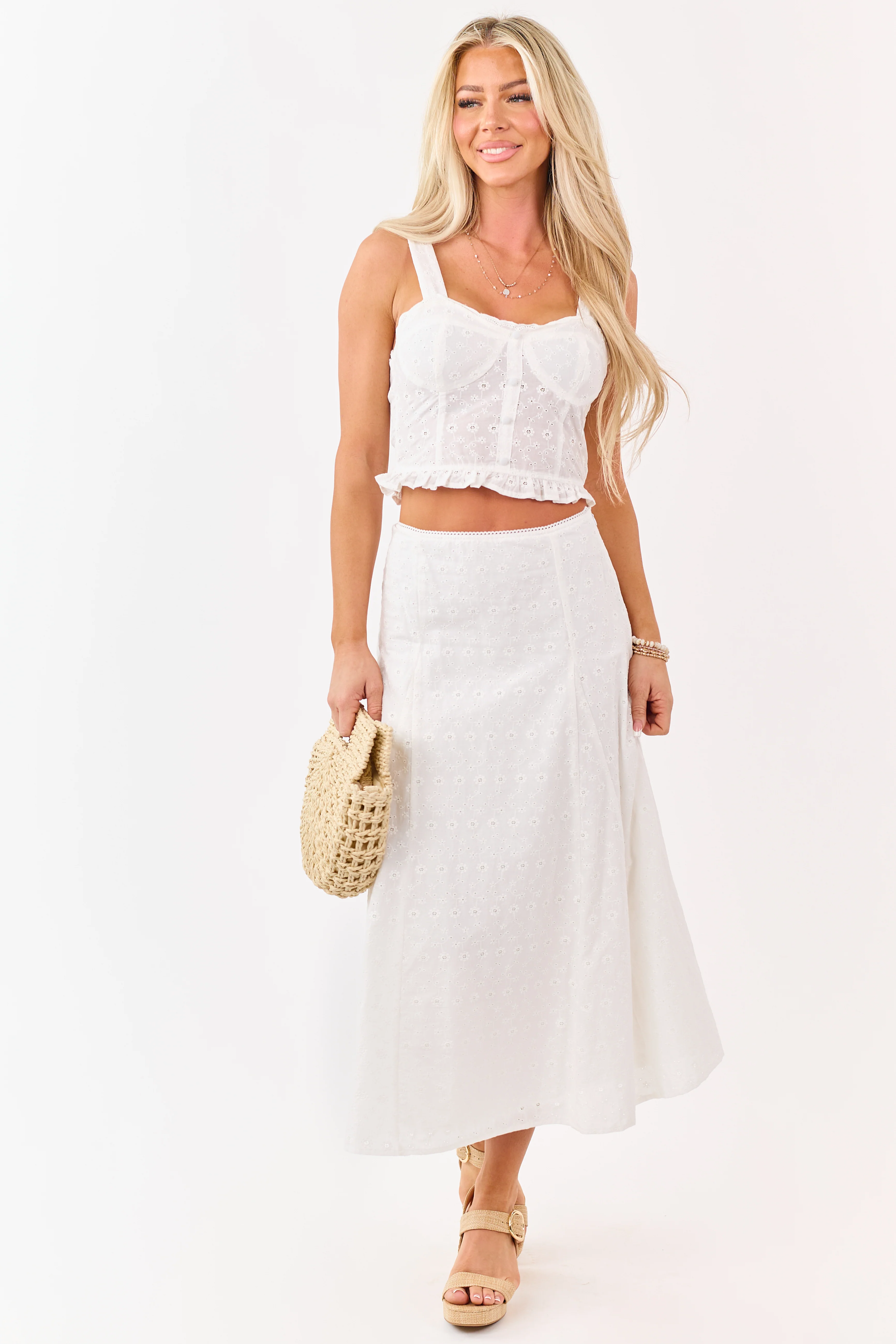 Off White Eyelet Lace Cropped Cotton Tank Top - Image 2