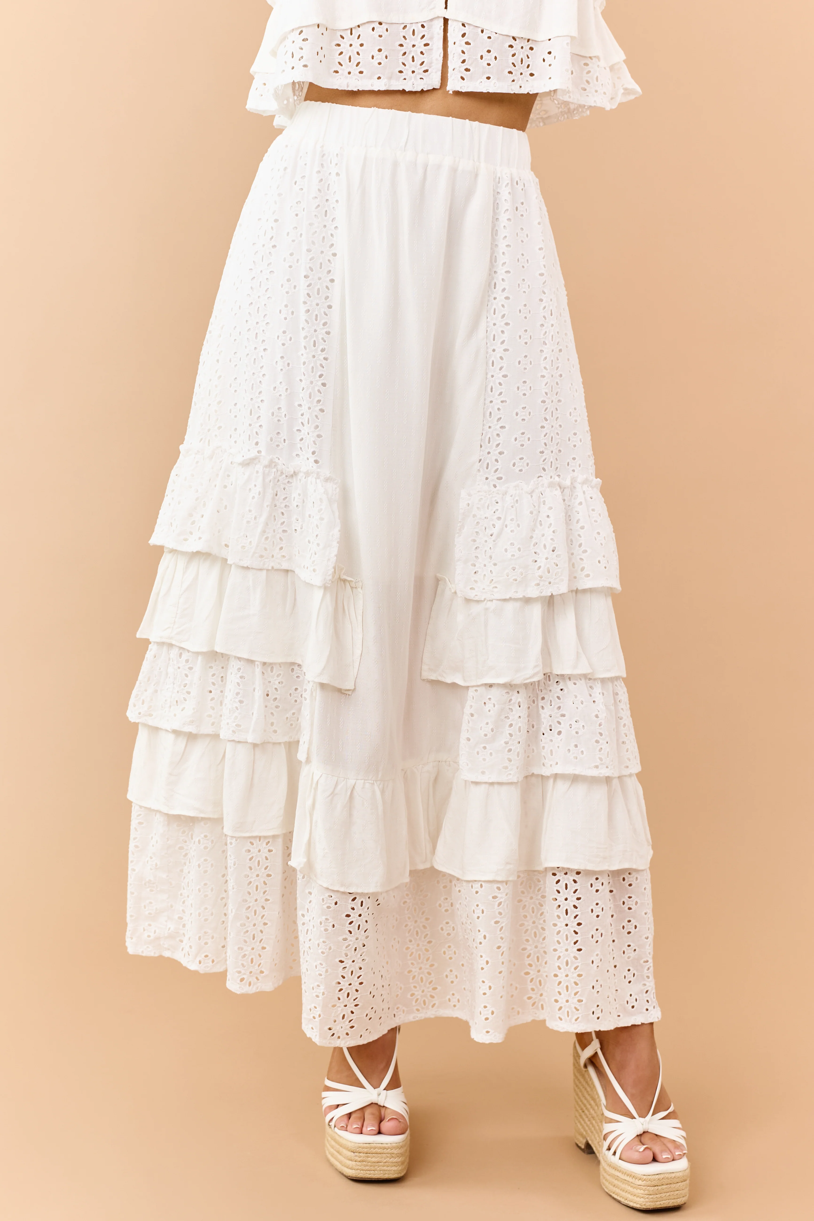 Off White Eyelet Lace Ruffle Tiered Maxi Skirt - Image 2
