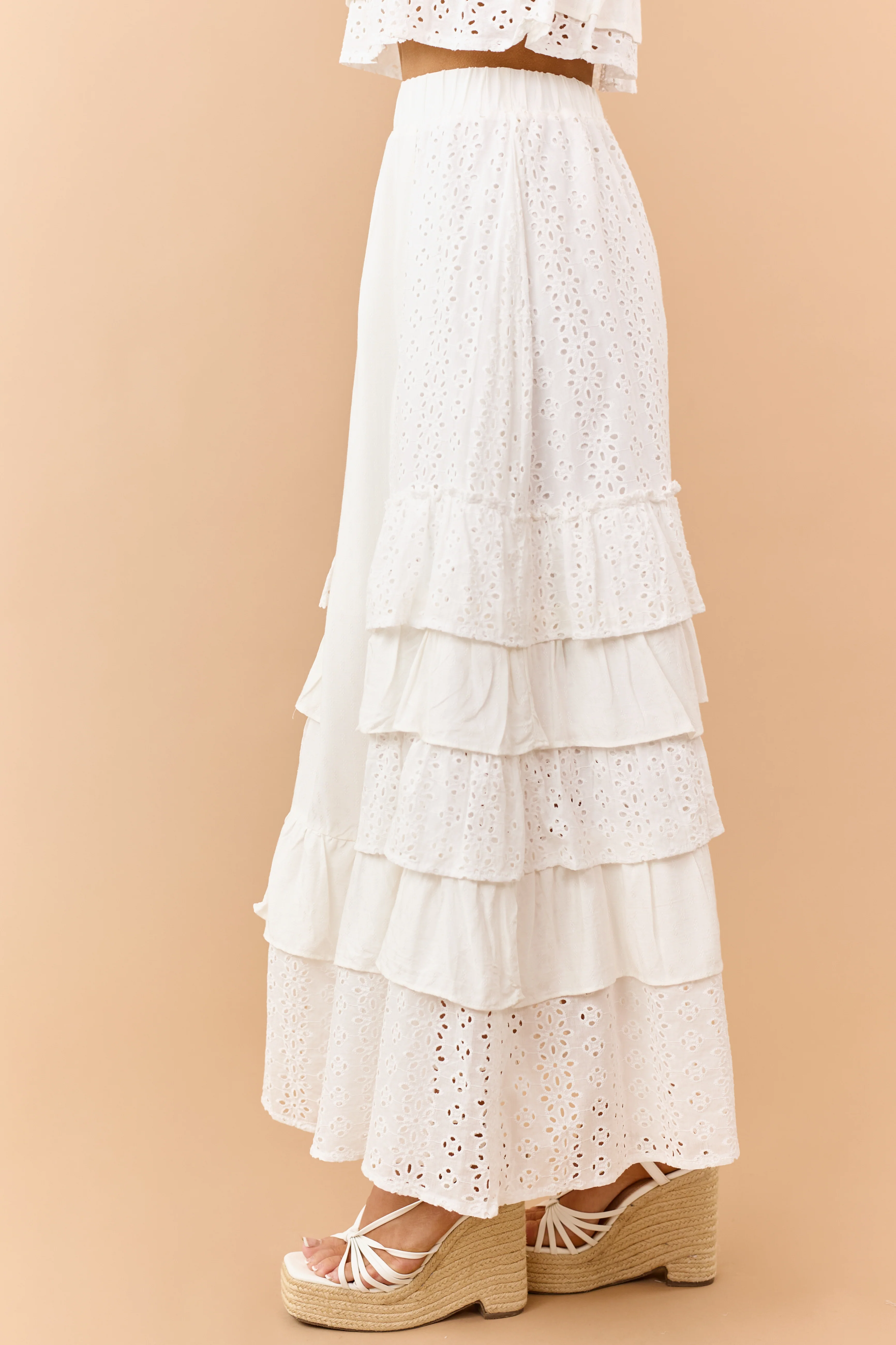 Off White Eyelet Lace Ruffle Tiered Maxi Skirt - Image 3